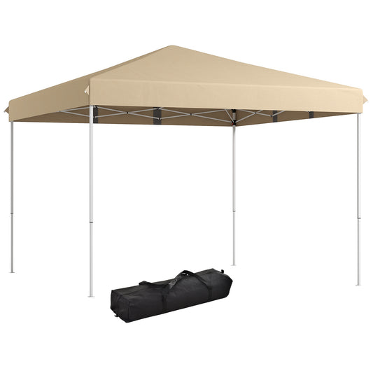 Tan popup canopy with white metal frame and black carrying bag