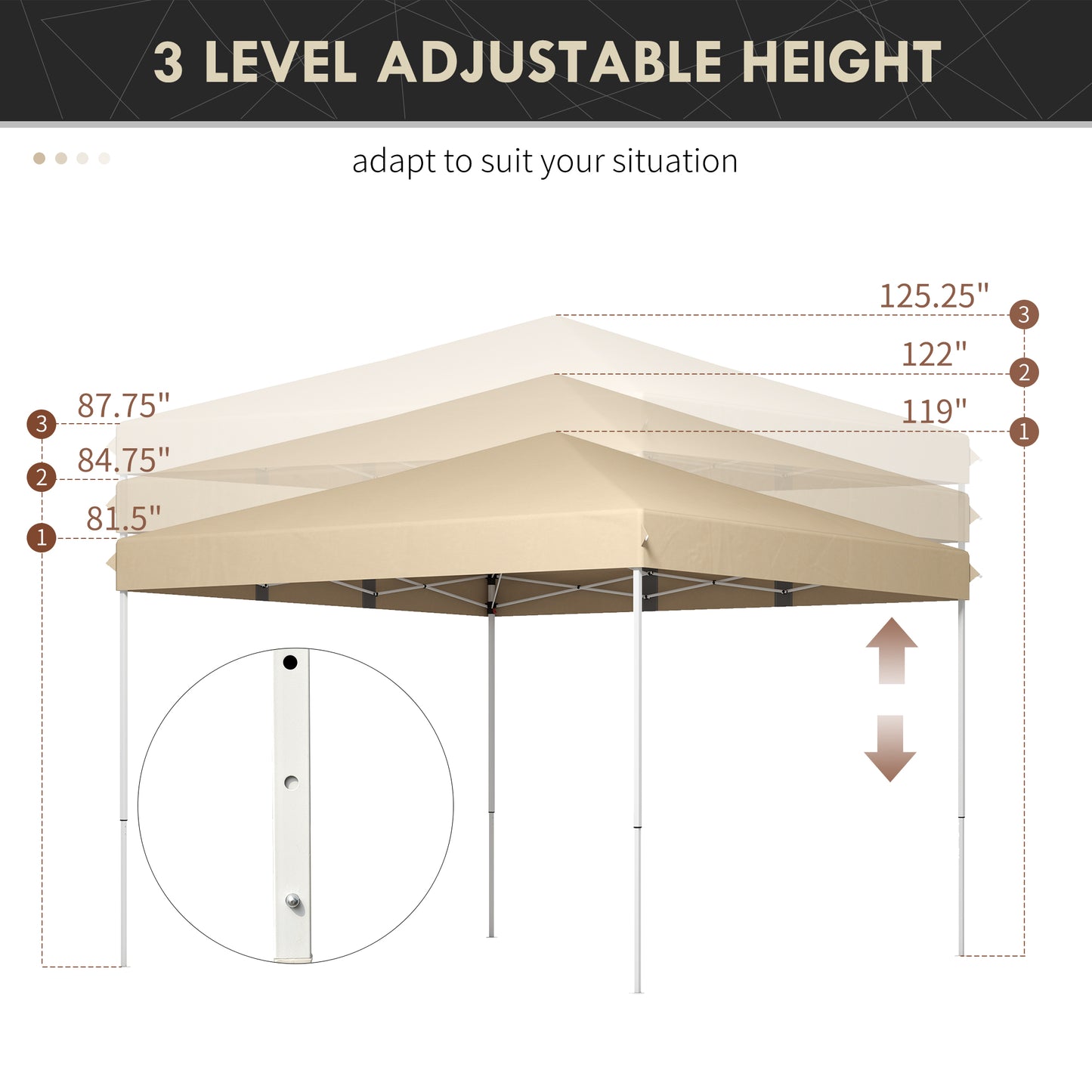 Tan canopy tent with  adjustable height settings for versatile outdoor use
