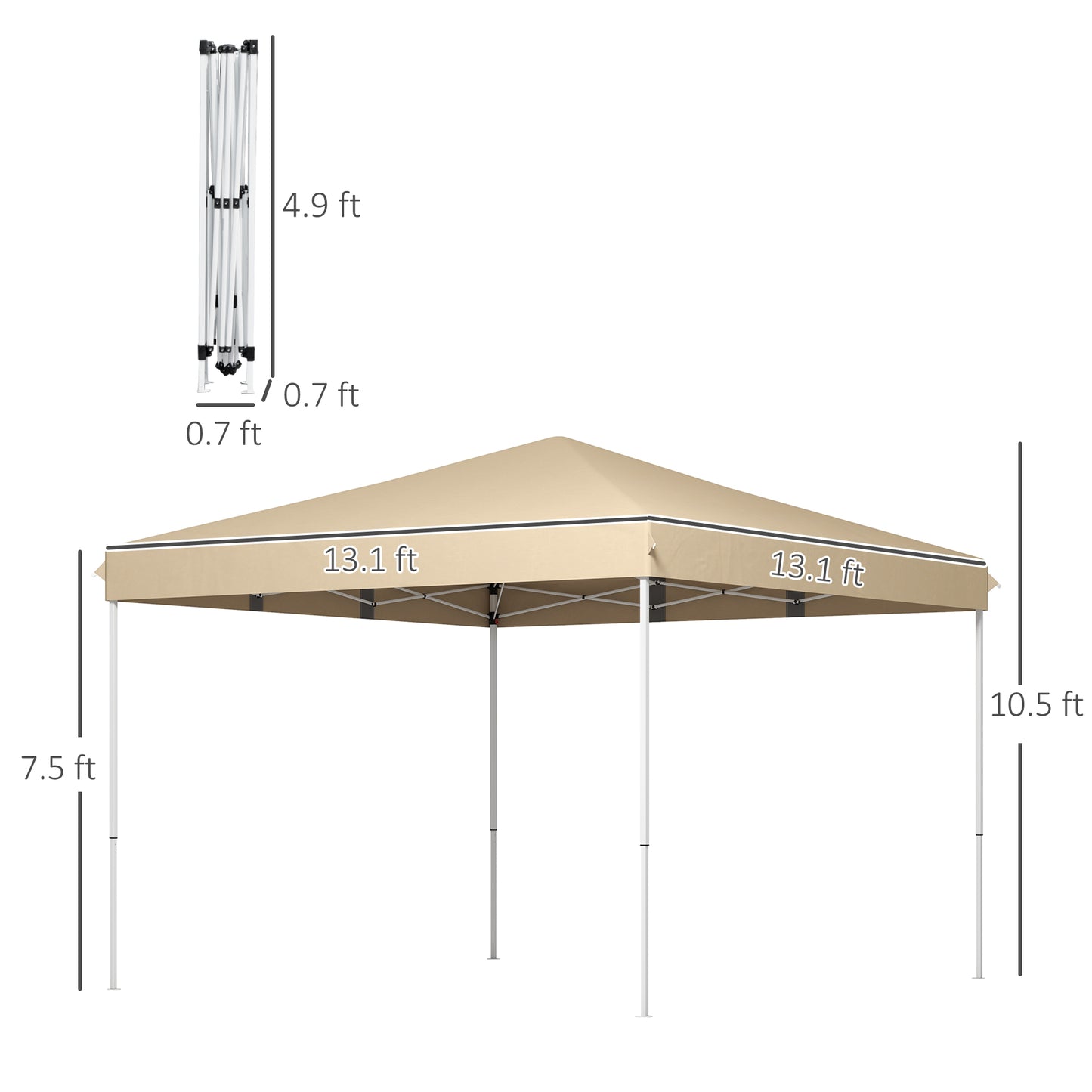 Tan x ft pop up canopy with white frame and dimensions displayed