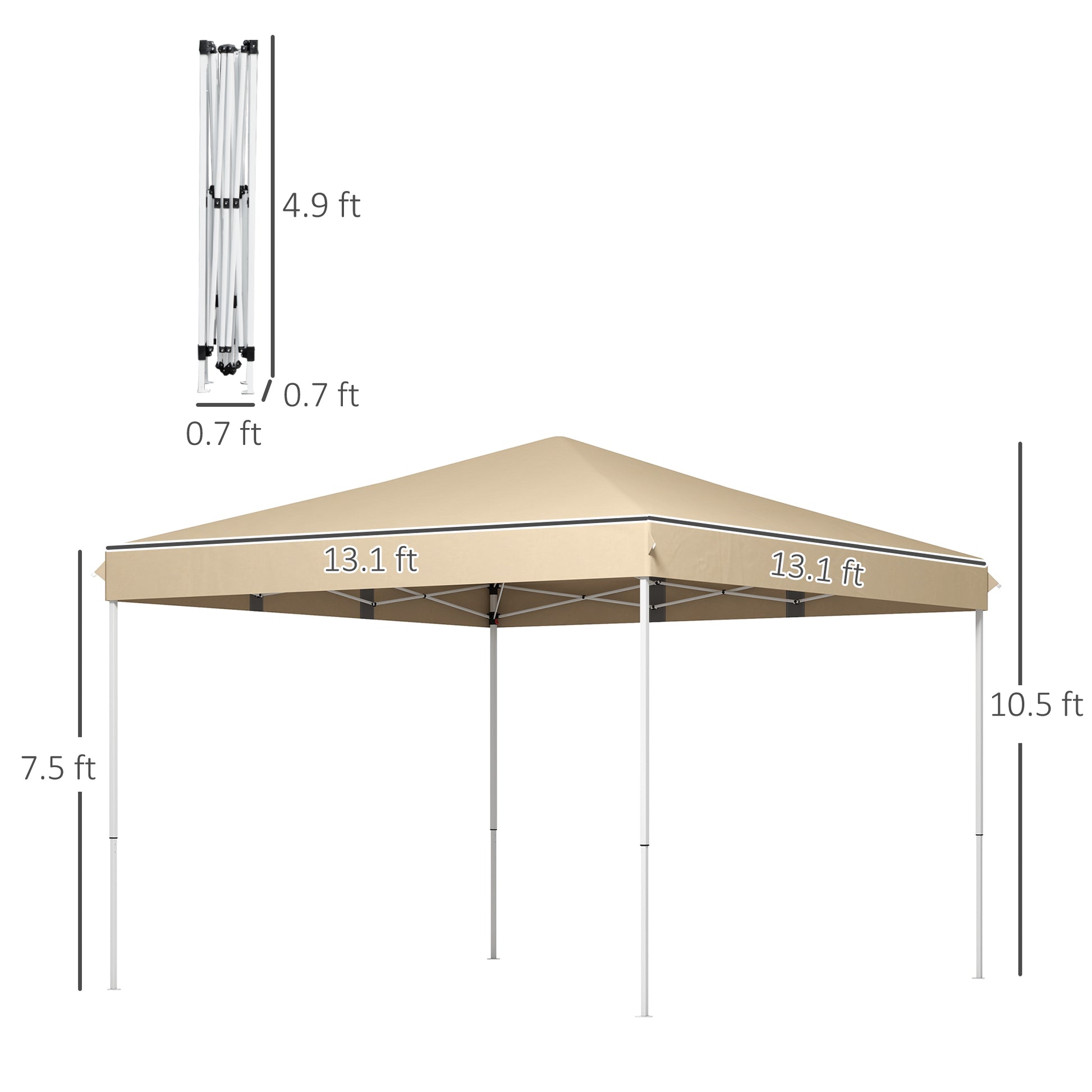 Tan x ft pop up canopy with white frame and dimensions displayed