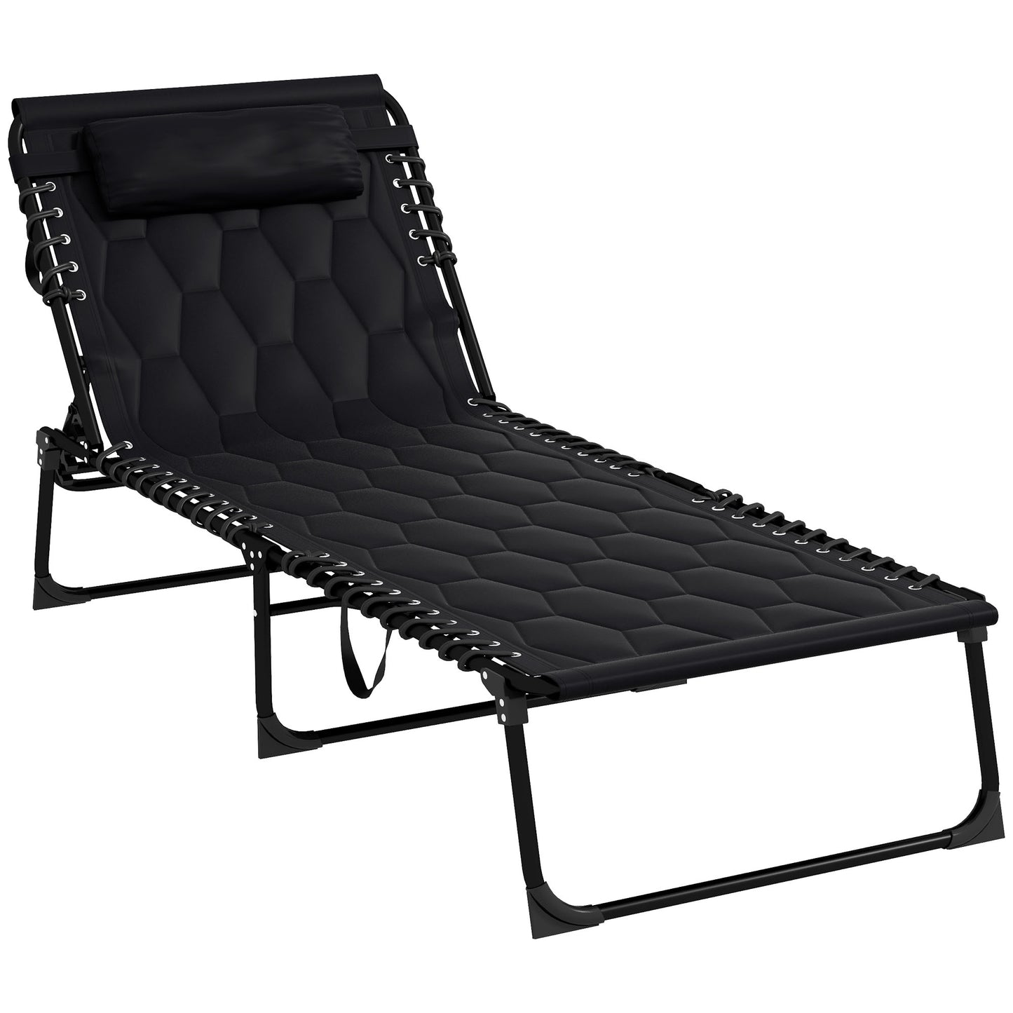 Black reclining patio lounge chair with padded headrest and hexagonal quilting