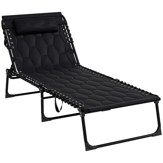 Black reclining patio lounge chair with padded headrest and hexagonal quilting