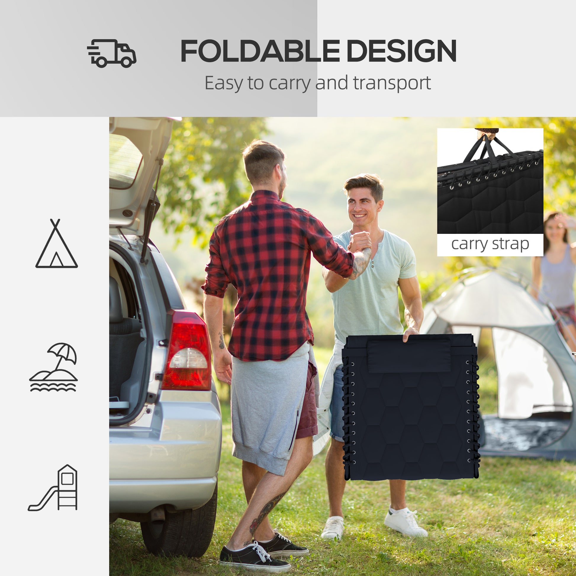 Black portable picnic blanket with hexagonal pattern and grommets