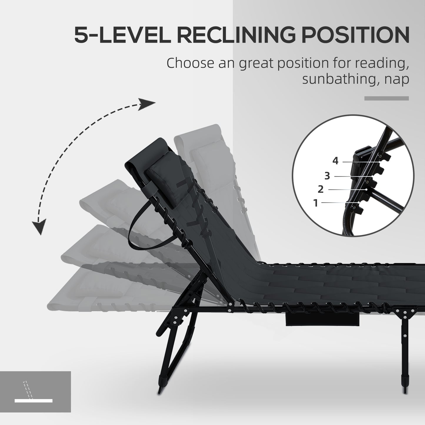 Black reclining lounge chair with five adjustable positions for comfort and relaxation
