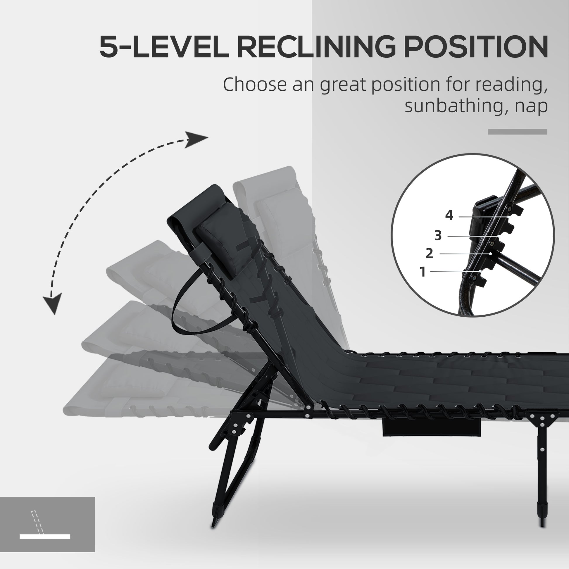 Black reclining lounge chair with five adjustable positions for comfort and relaxation