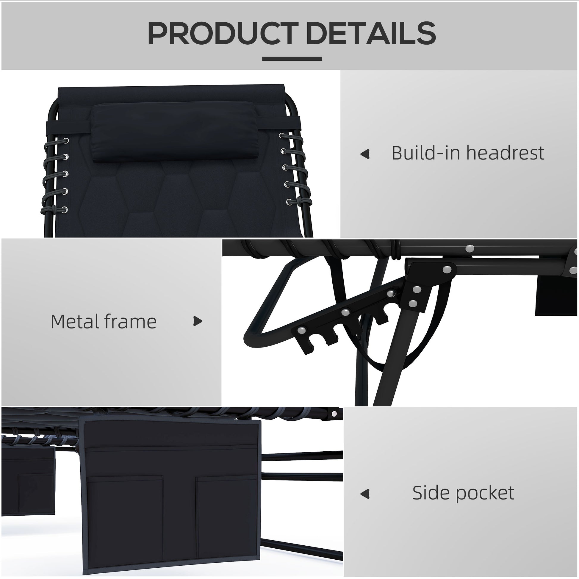 Black zero gravity chair with adjustable headrest pillow and padded seating