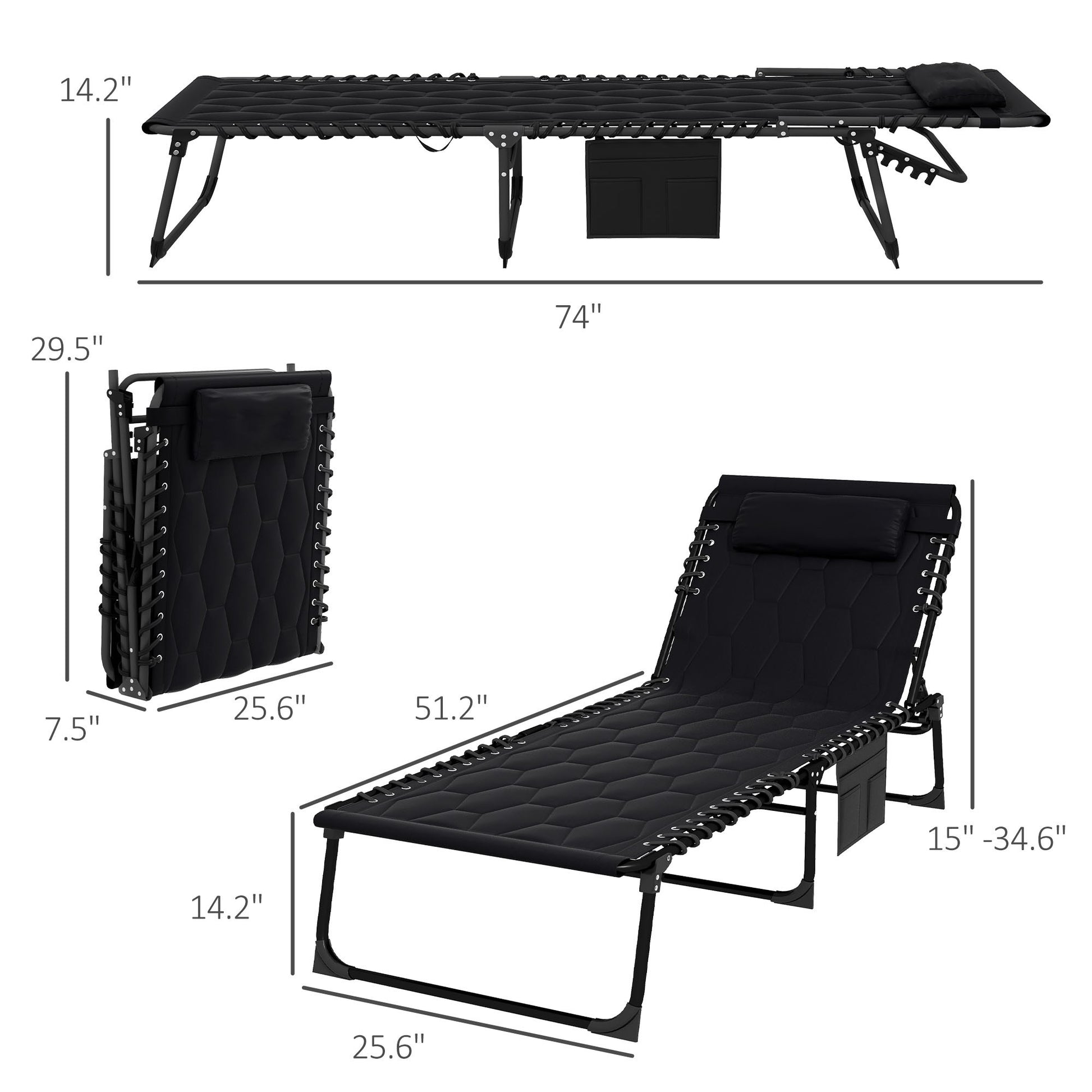Black padded zero gravity chair folded for storage with headrest and side pouch