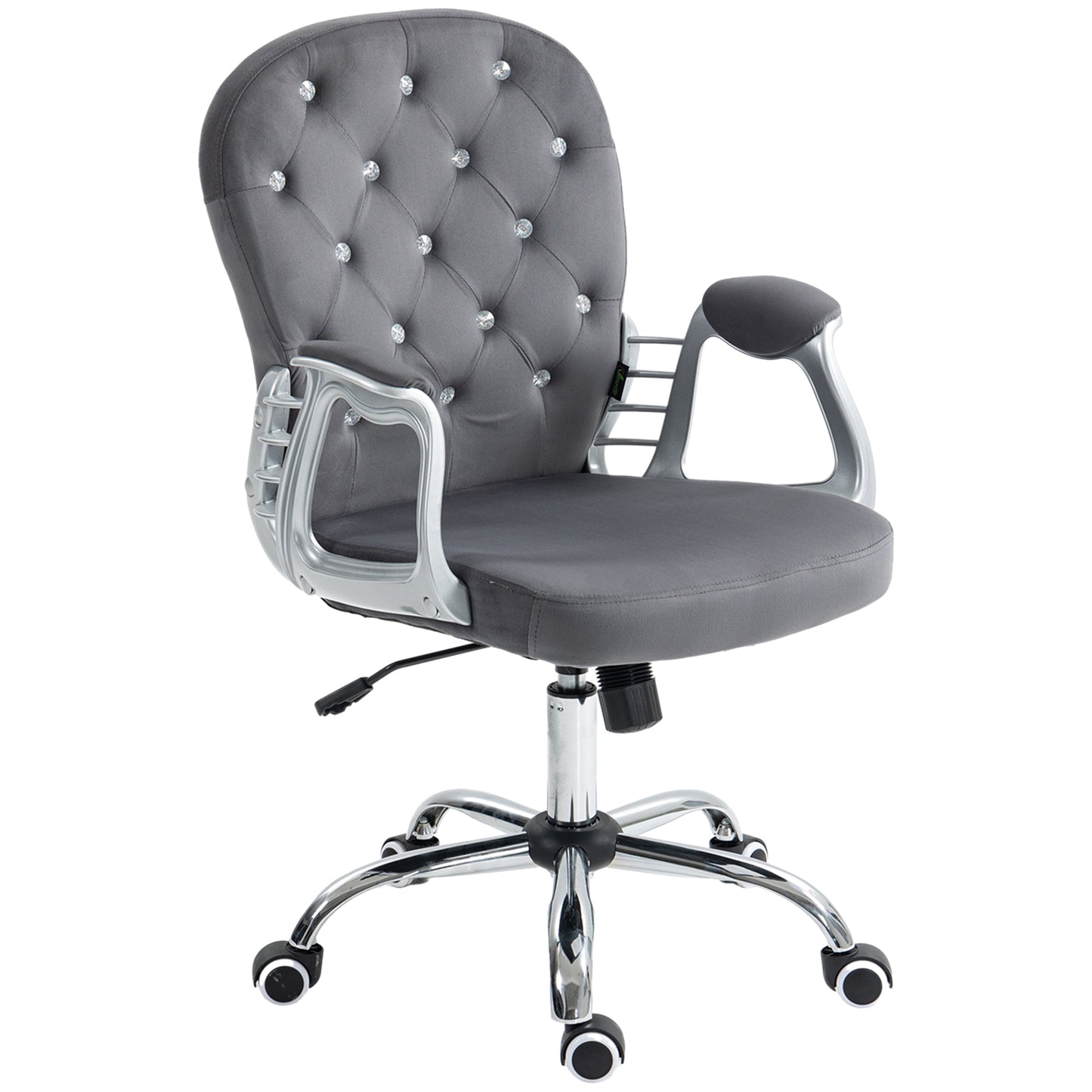 Gray velvet office chair with diamond tufting and chrome accents featuring adjustable height and casters
