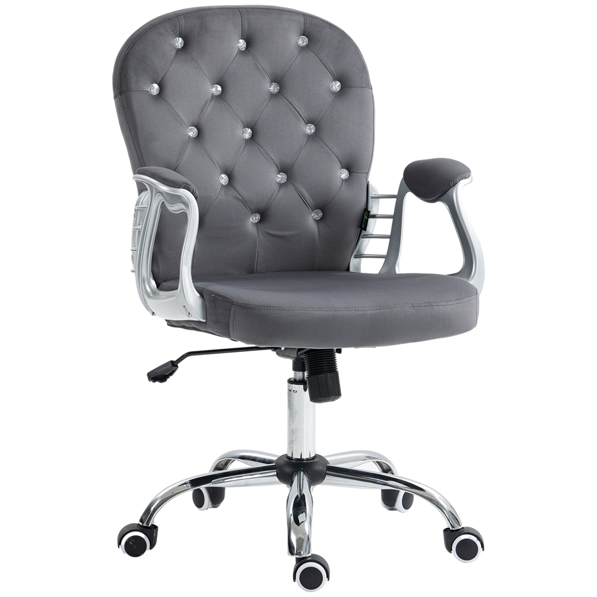 Elegant grey velvet desk chair with diamondlike tufting and silver accents