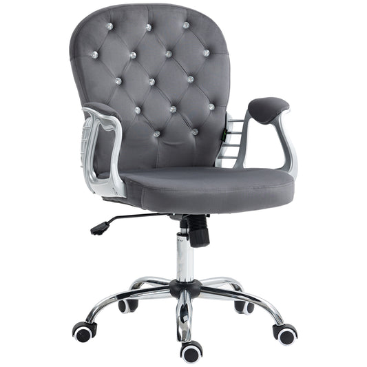 Elegant grey velvet desk chair with diamondlike tufting and silver accents