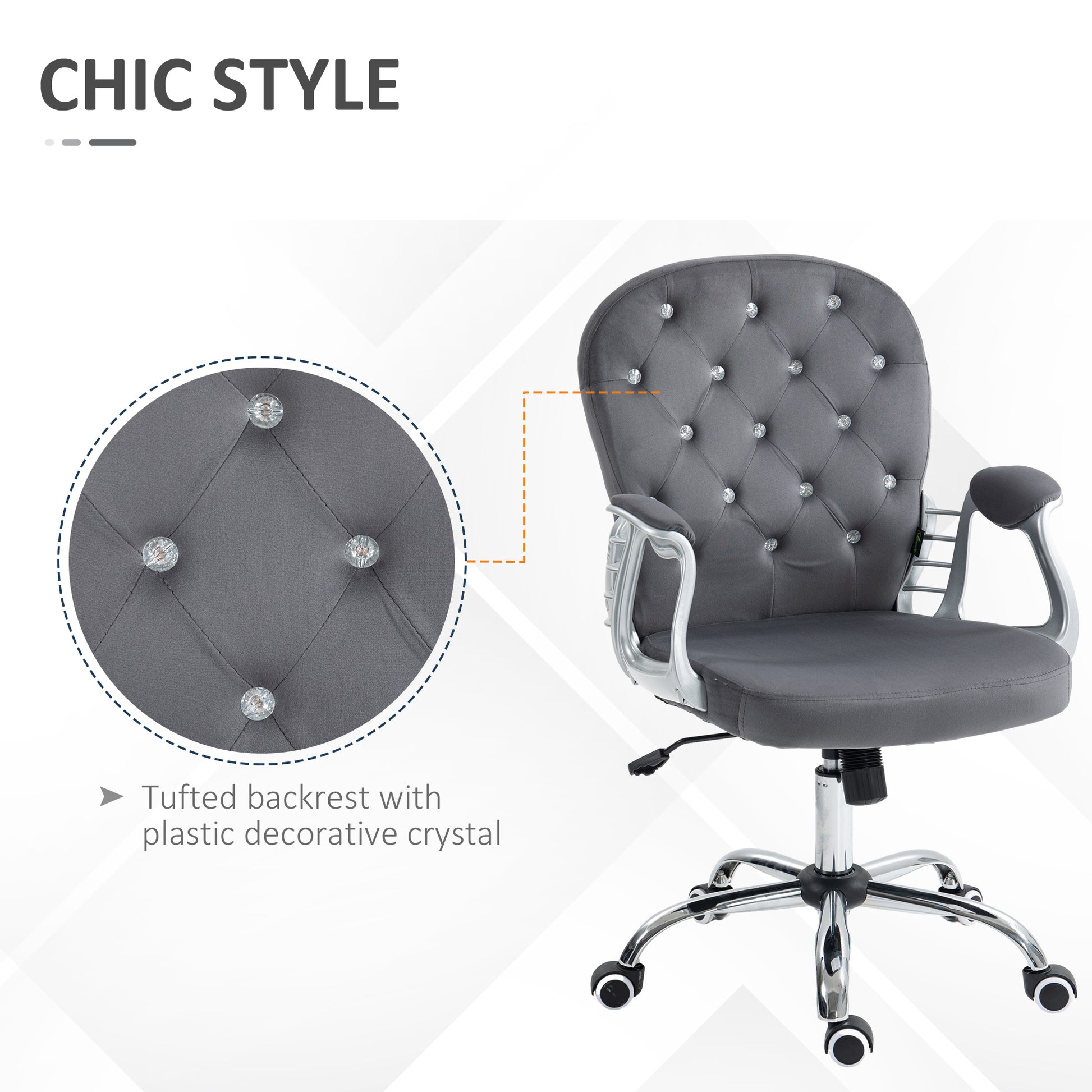 Gray velvet office chair with diamond tufting and chrome base