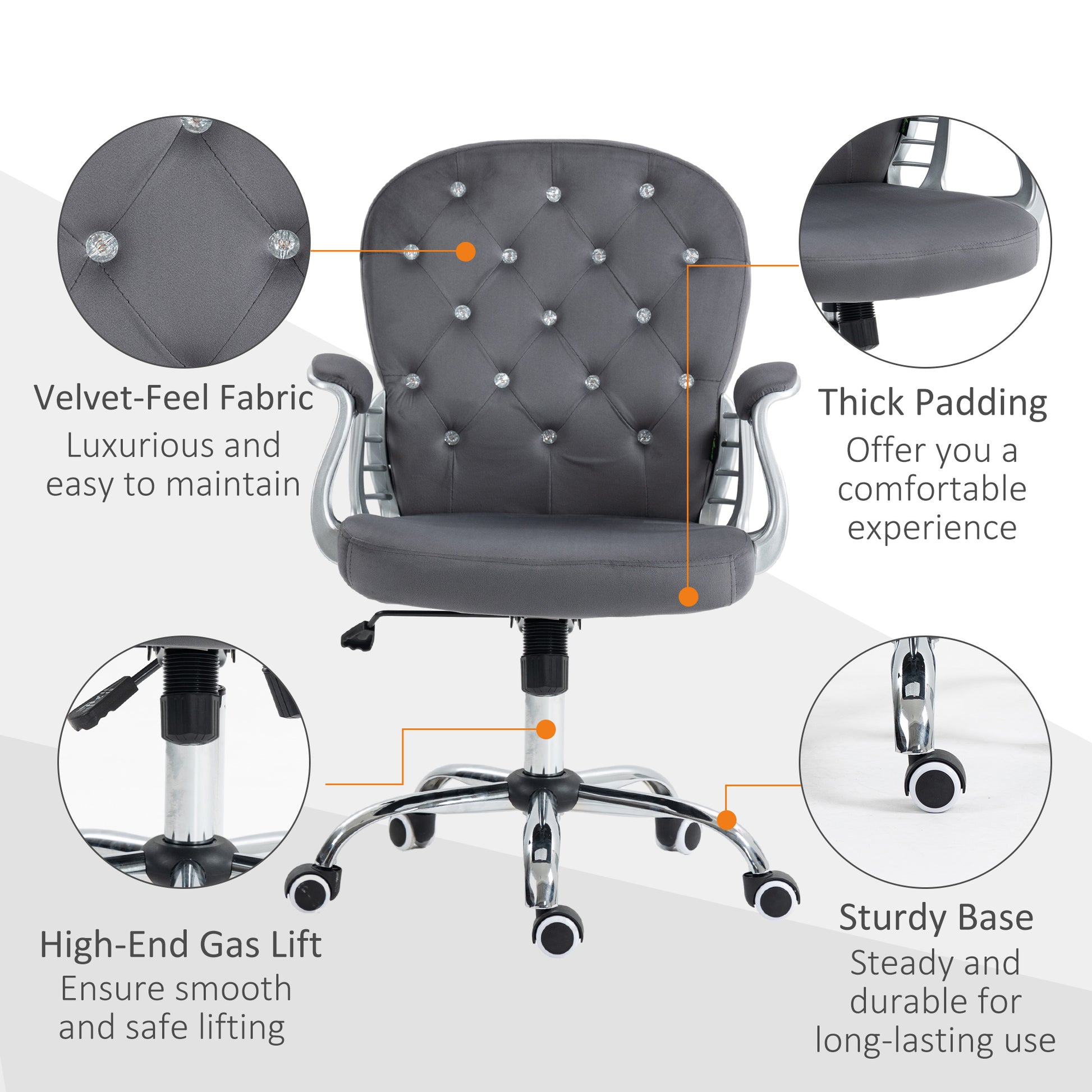 Gray velvet office chair with diamond tufting and chrome accents