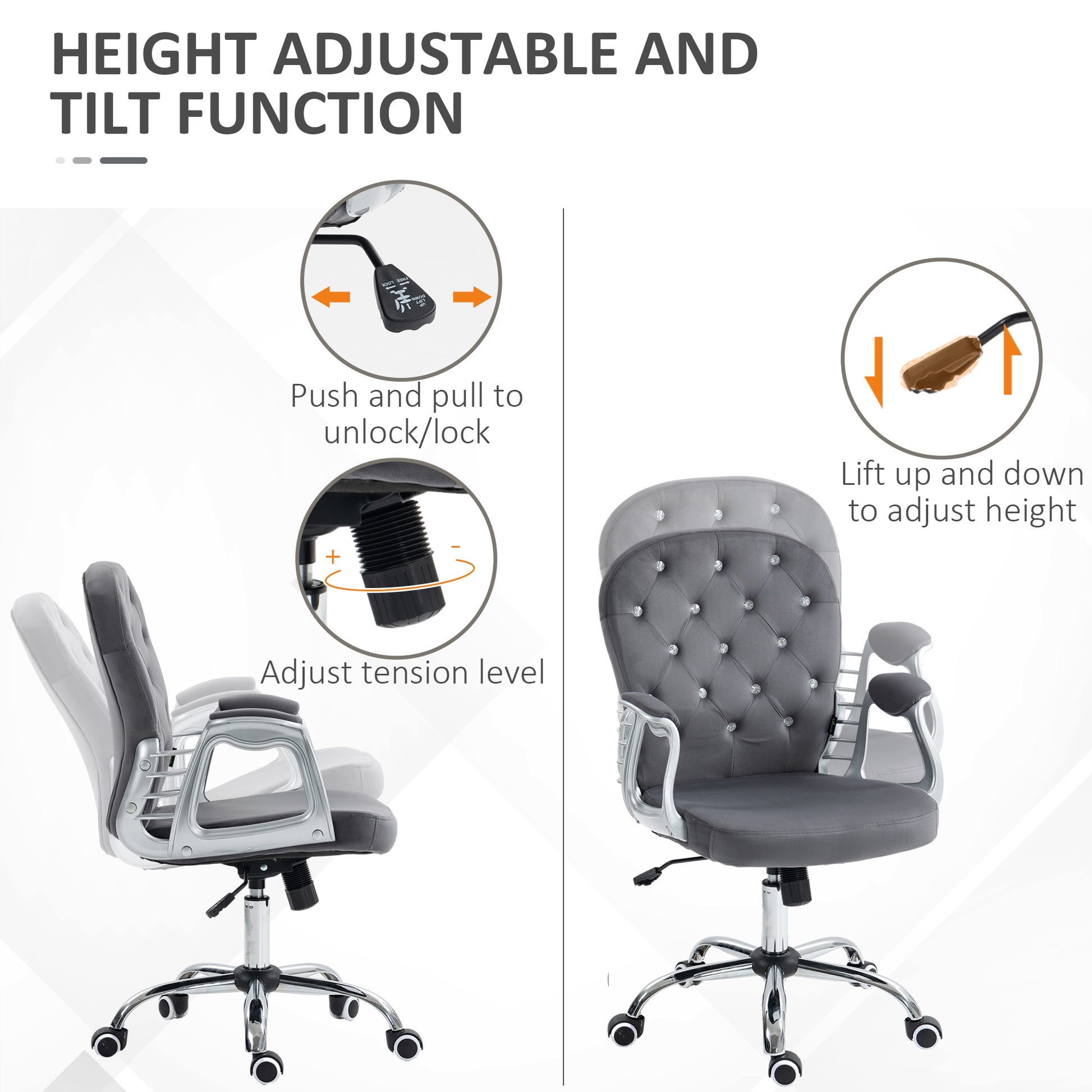 Grey velvet office chair with tufted back and silver armrests