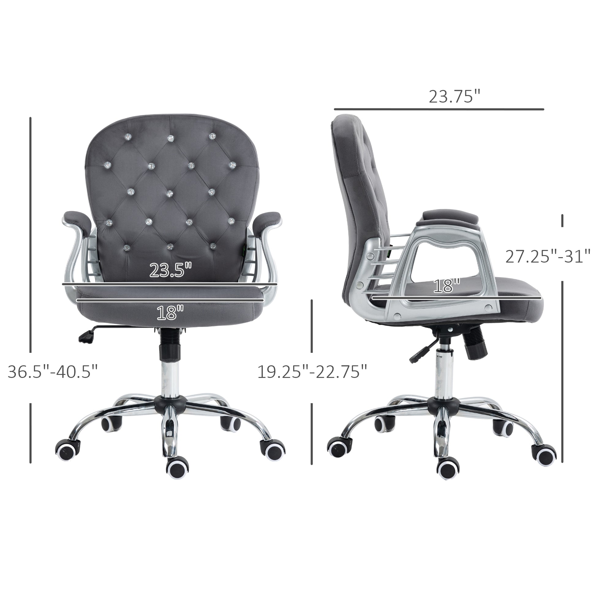 Tufted gray velvet office chair with crystal accents and chrome base