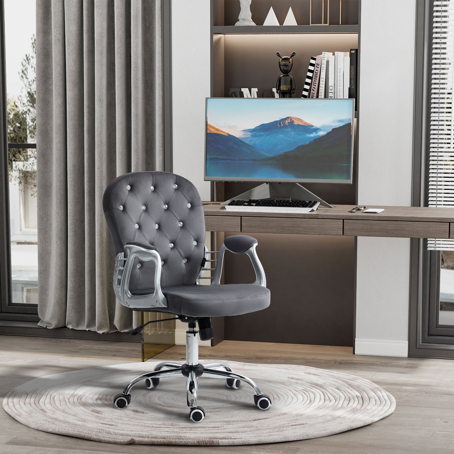 Grey velvet office chair with diamond tufting and chrome accents