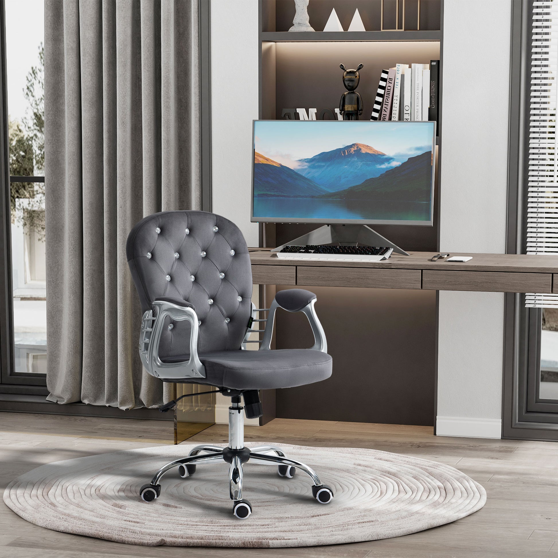 Grey velvet office chair with diamond tufting and chrome accents