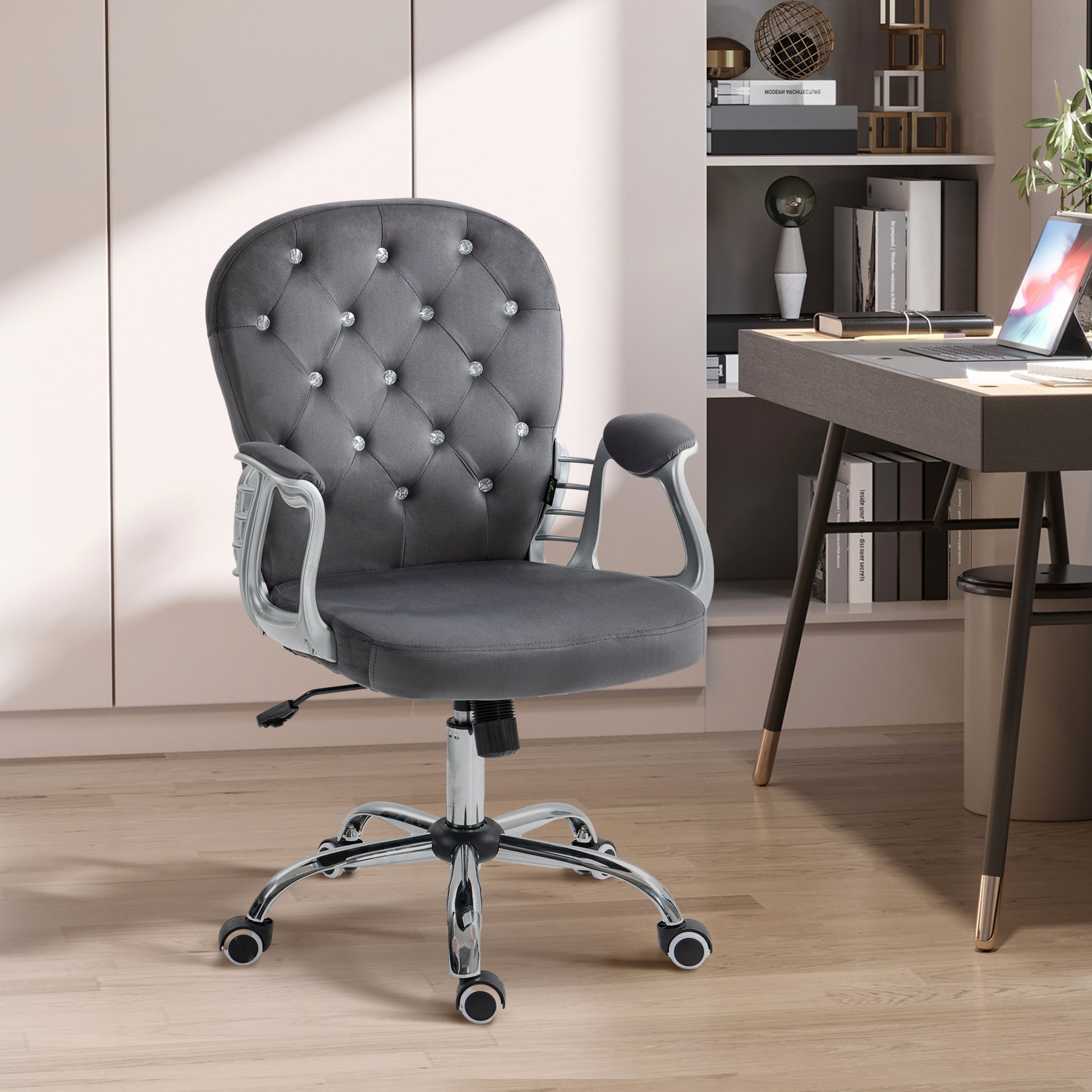 Tufted grey velvet desk chair with crystal accents and chrome base perfect for home office