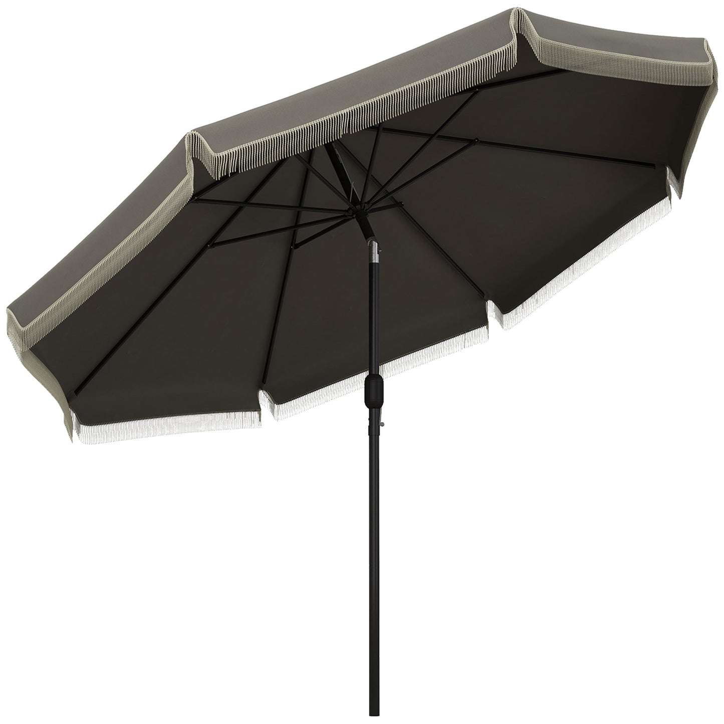 Dark gray rectangular patio umbrella with fringe detailing for outdoor shade