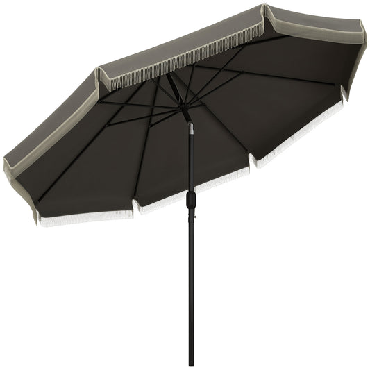 Dark gray rectangular patio umbrella with fringe detailing for outdoor shade