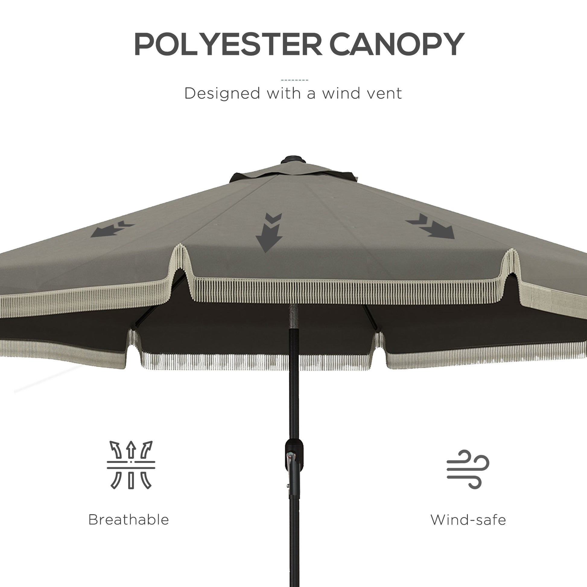 Dark gray polyester canopy umbrella with decorative fringe and wind vent