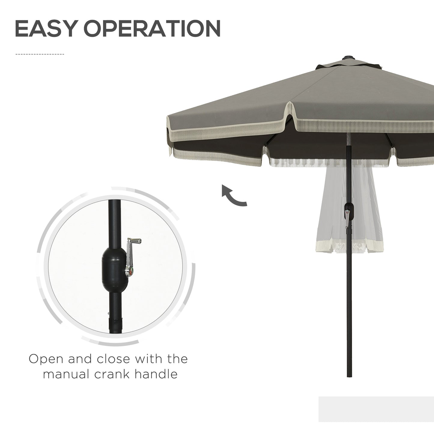 Grey patio umbrella with decorative fringe and manual crank for easy operation