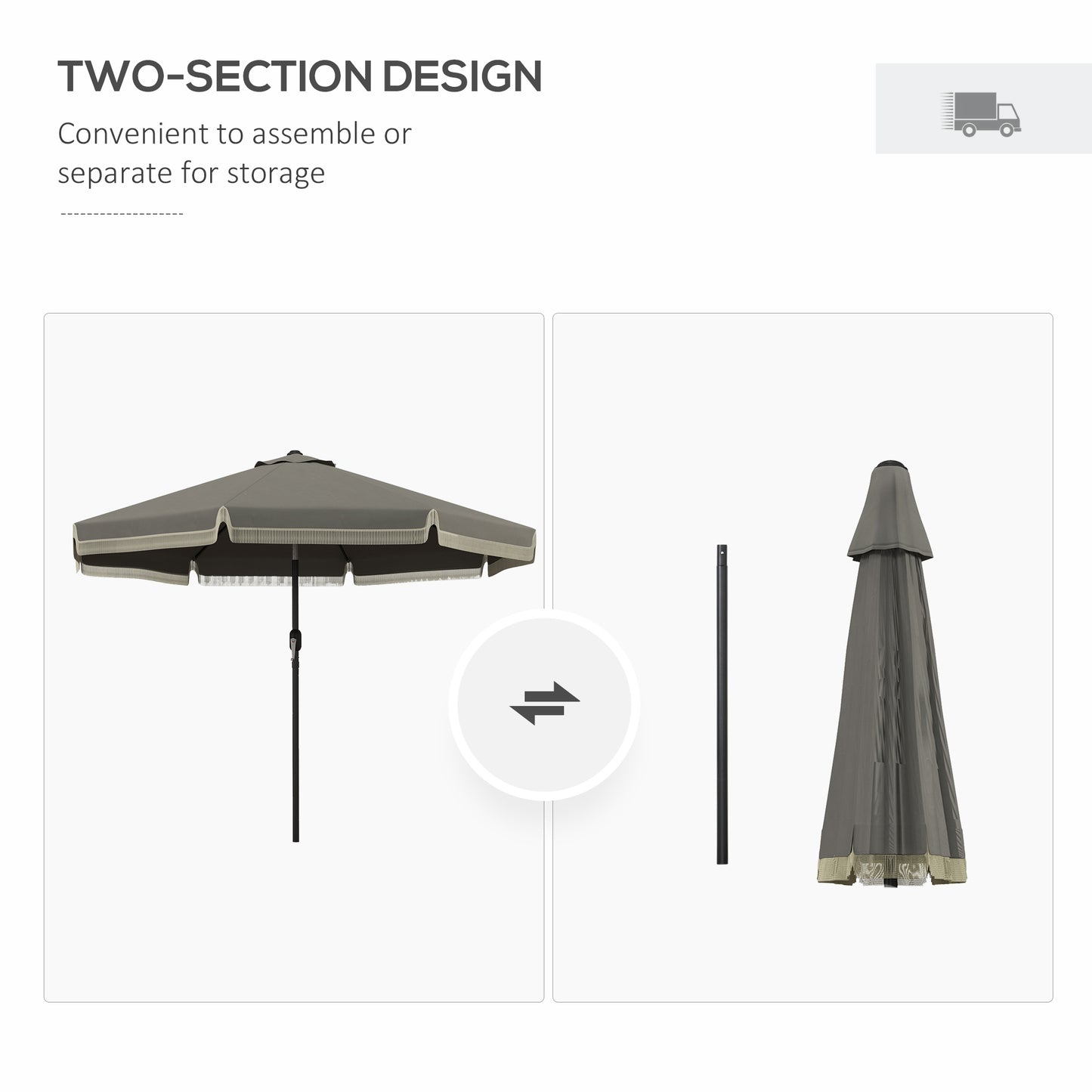 Grey patio umbrella shown assembled and folded for storage demonstrating twosection design