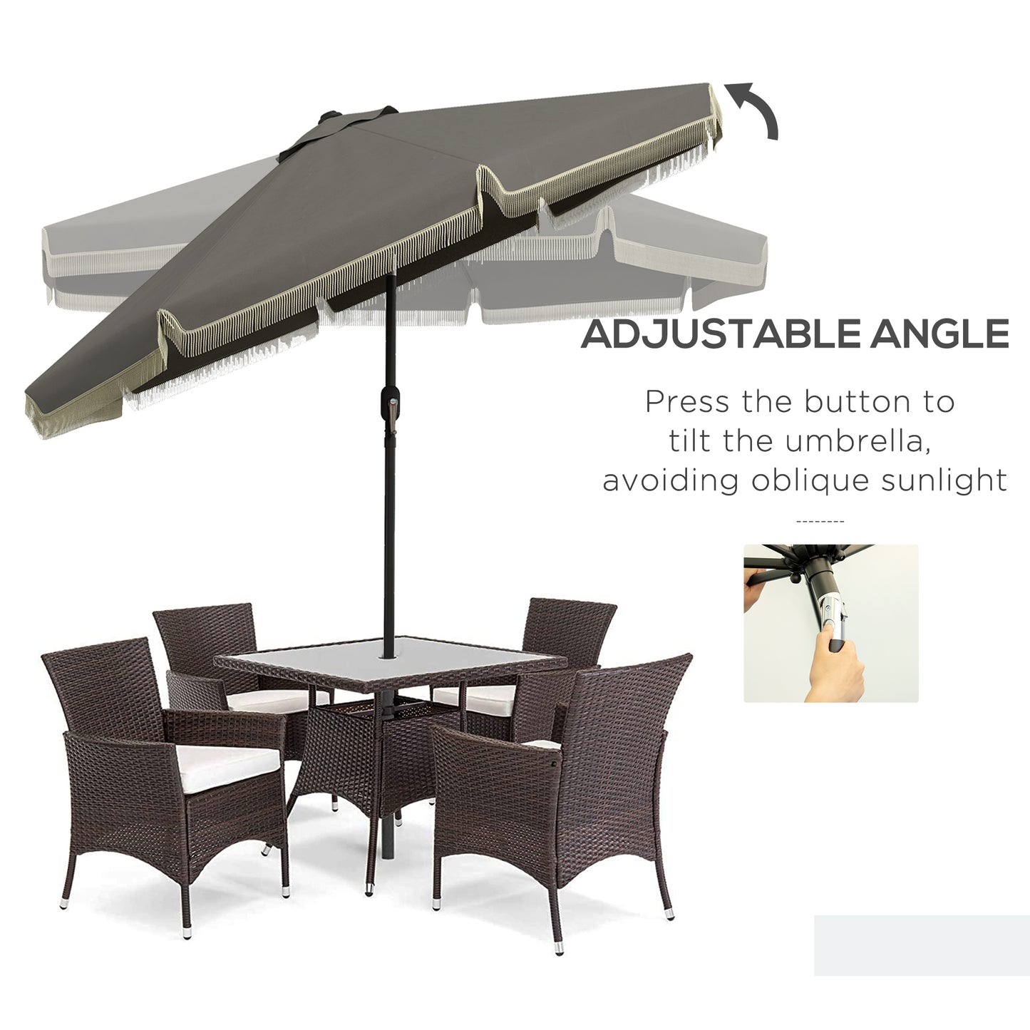 Dark grey patio umbrella with cream fringe detail showing adjustable angle feature