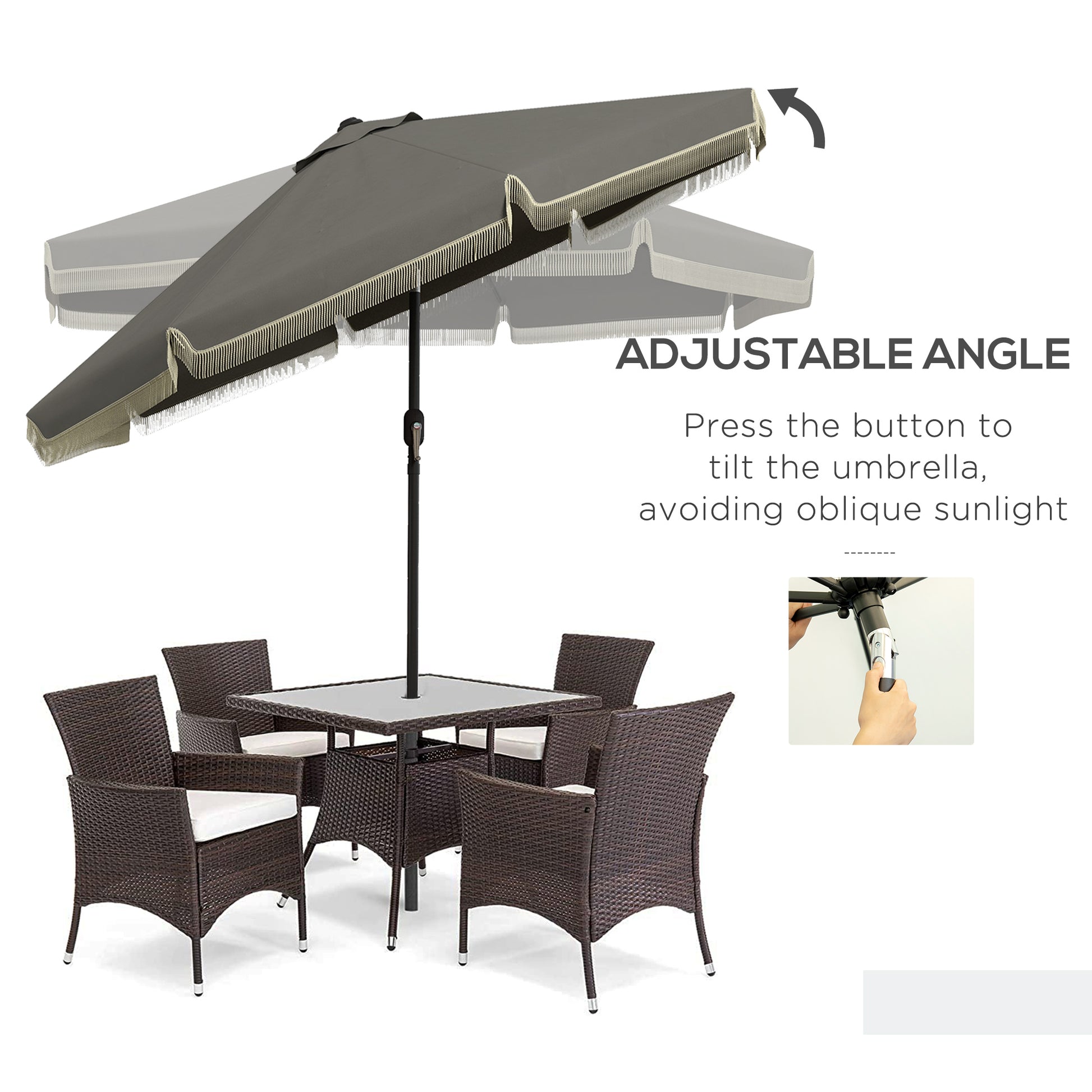 Dark grey patio umbrella with cream fringe detail showing adjustable angle feature