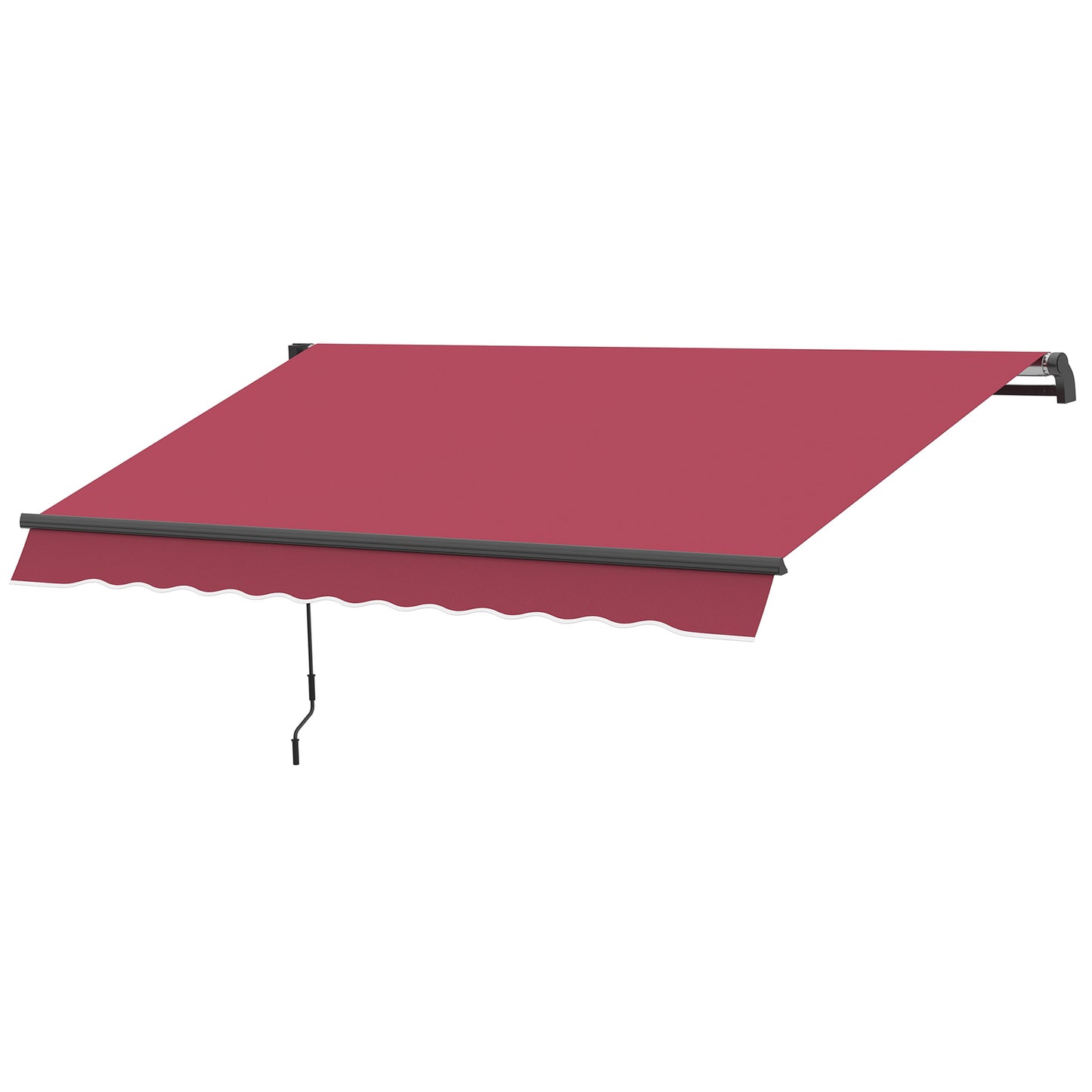Crimson red retractable awning with a scalloped valance and manual crank Outdoor patio shade