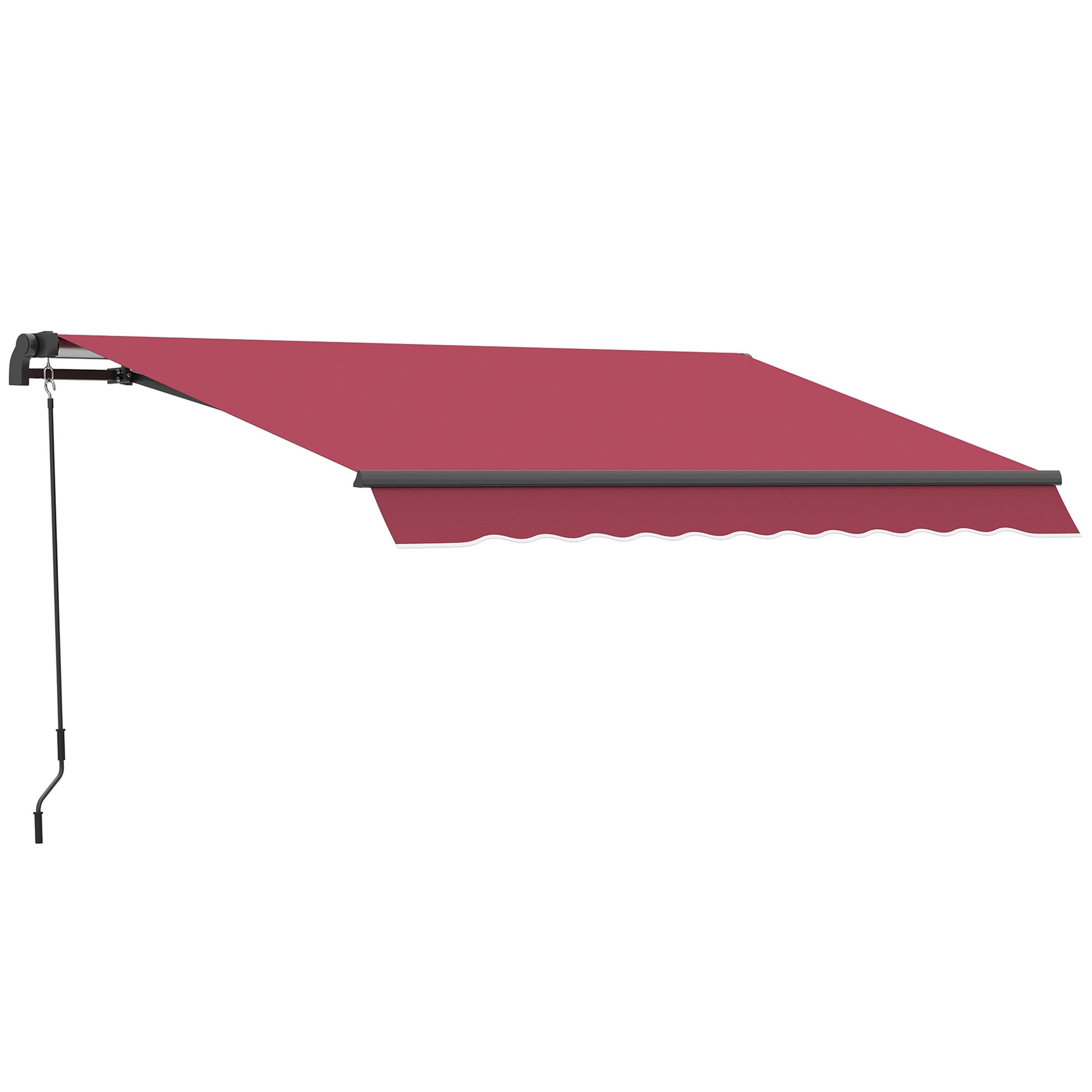 Retractable awning with a red fabric canopy and black metal frame for patio shade