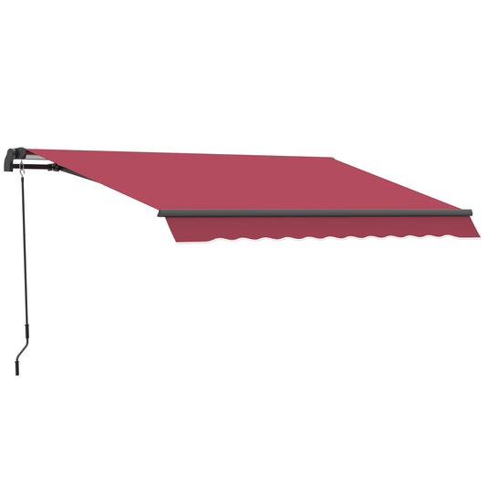 Retractable awning with a red fabric canopy and black metal frame for patio shade