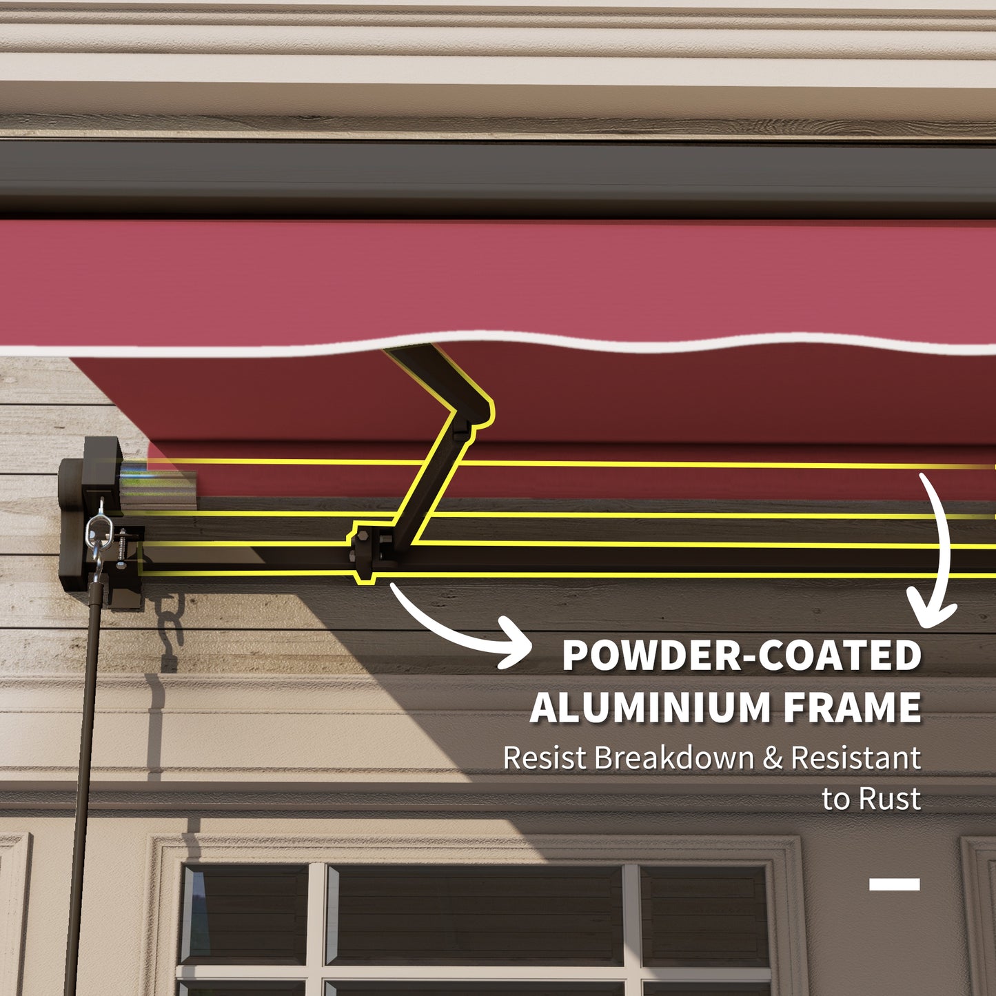 Retractable awning with durable red fabric and powdercoated aluminum frame