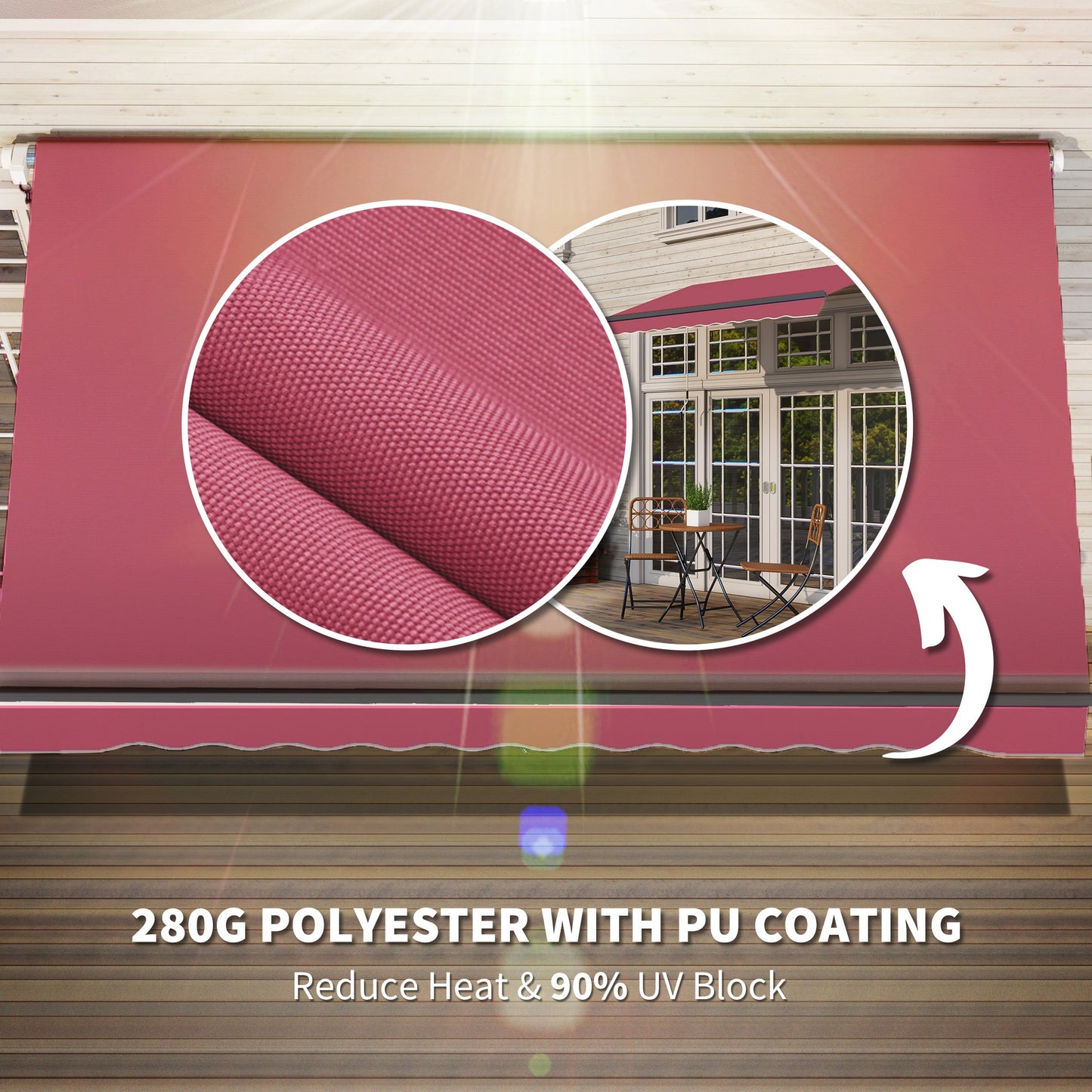 Crimson polyester patio awning with PU coating showing fabric texture closeup