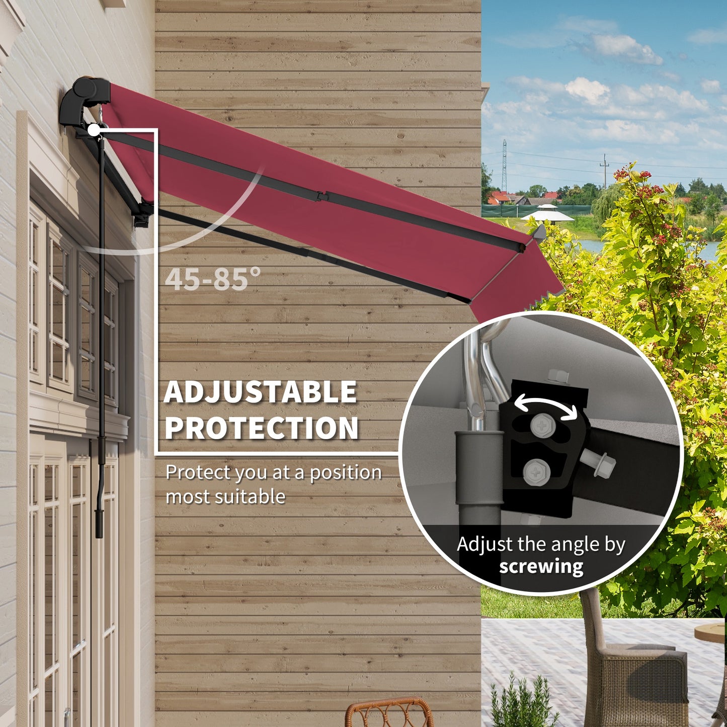 Adjustable patio awning in deep red fabric extending from a house exterior wall