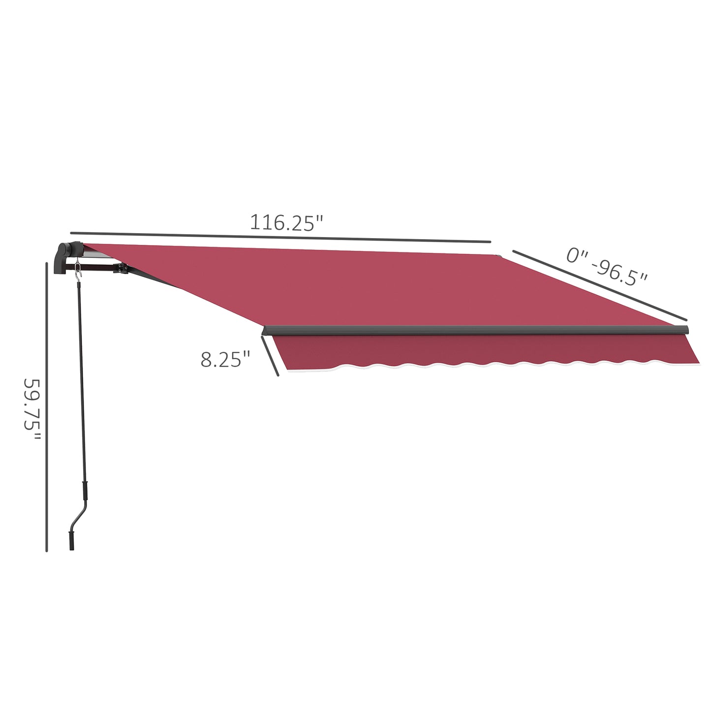 Retractable awning in burgundy with scalloped valance and manual crank operation