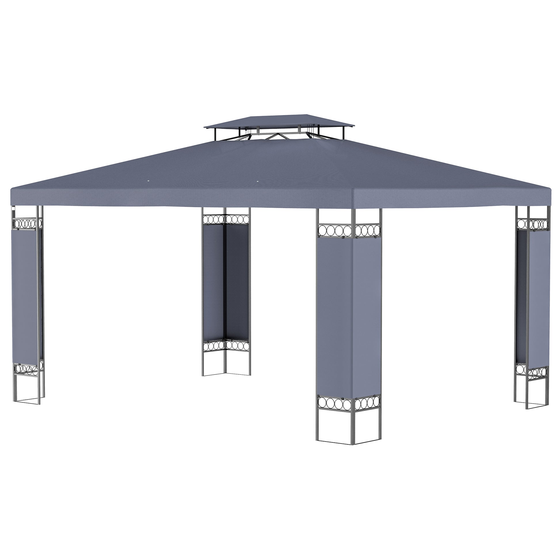 Gray outdoor gazebo with doubletier roof and decorative metal accents on legs