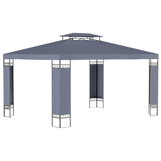 Grey fabric gazebo with four decorative panel supports perfect for outdoor entertaining