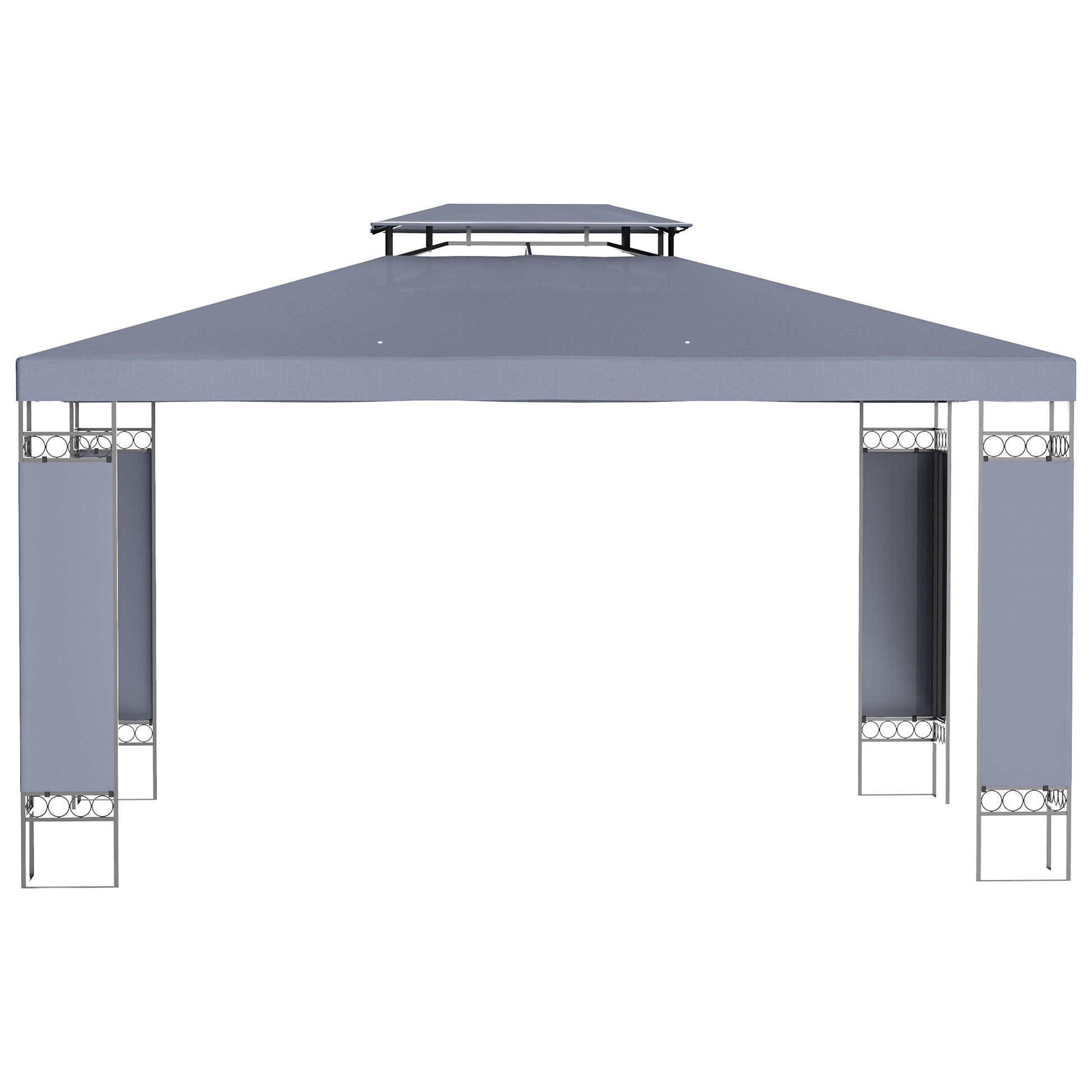 Gray outdoor gazebo with dualtier roof and decorative post accents