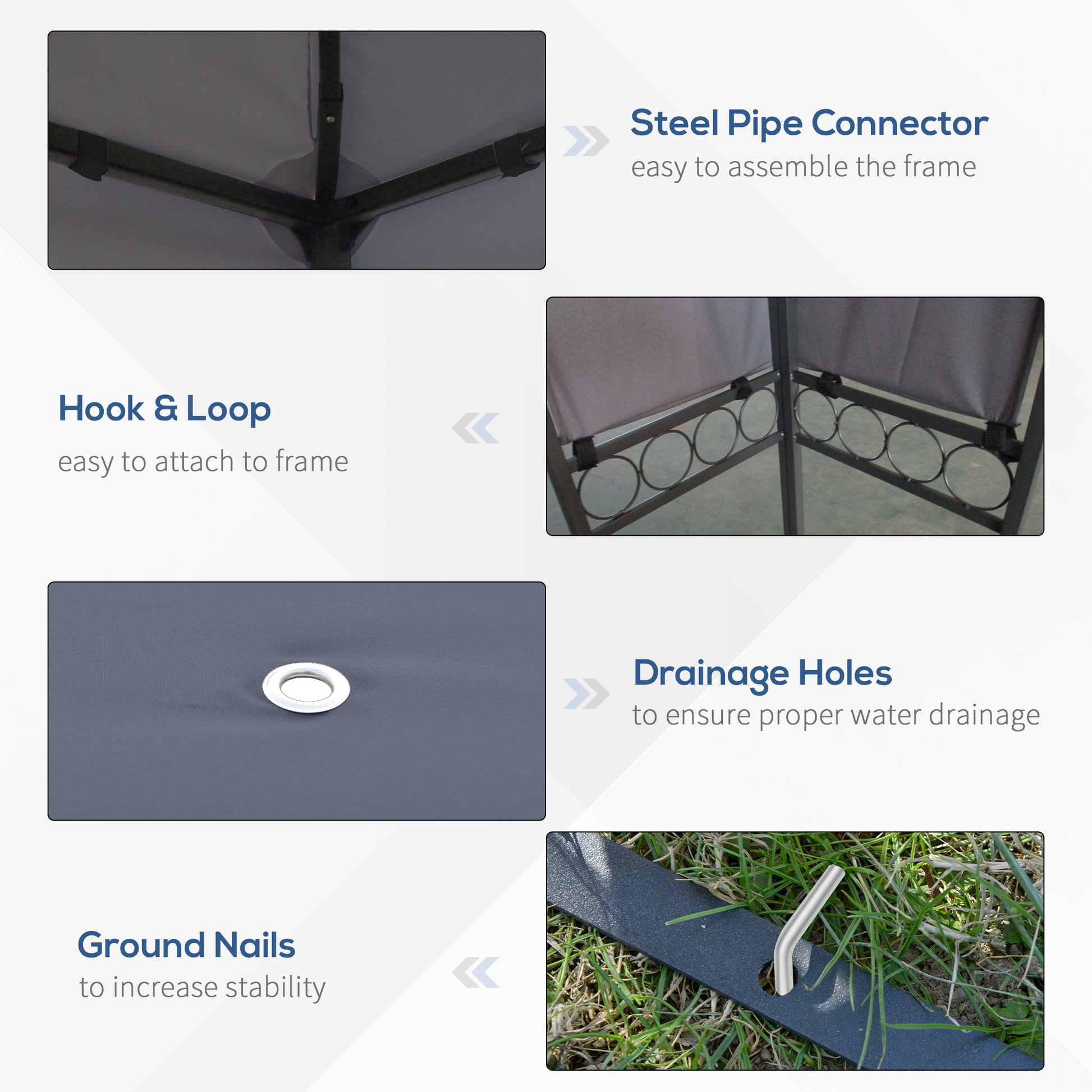 Gray steel pipe connector detail for easy tent frame assembly
