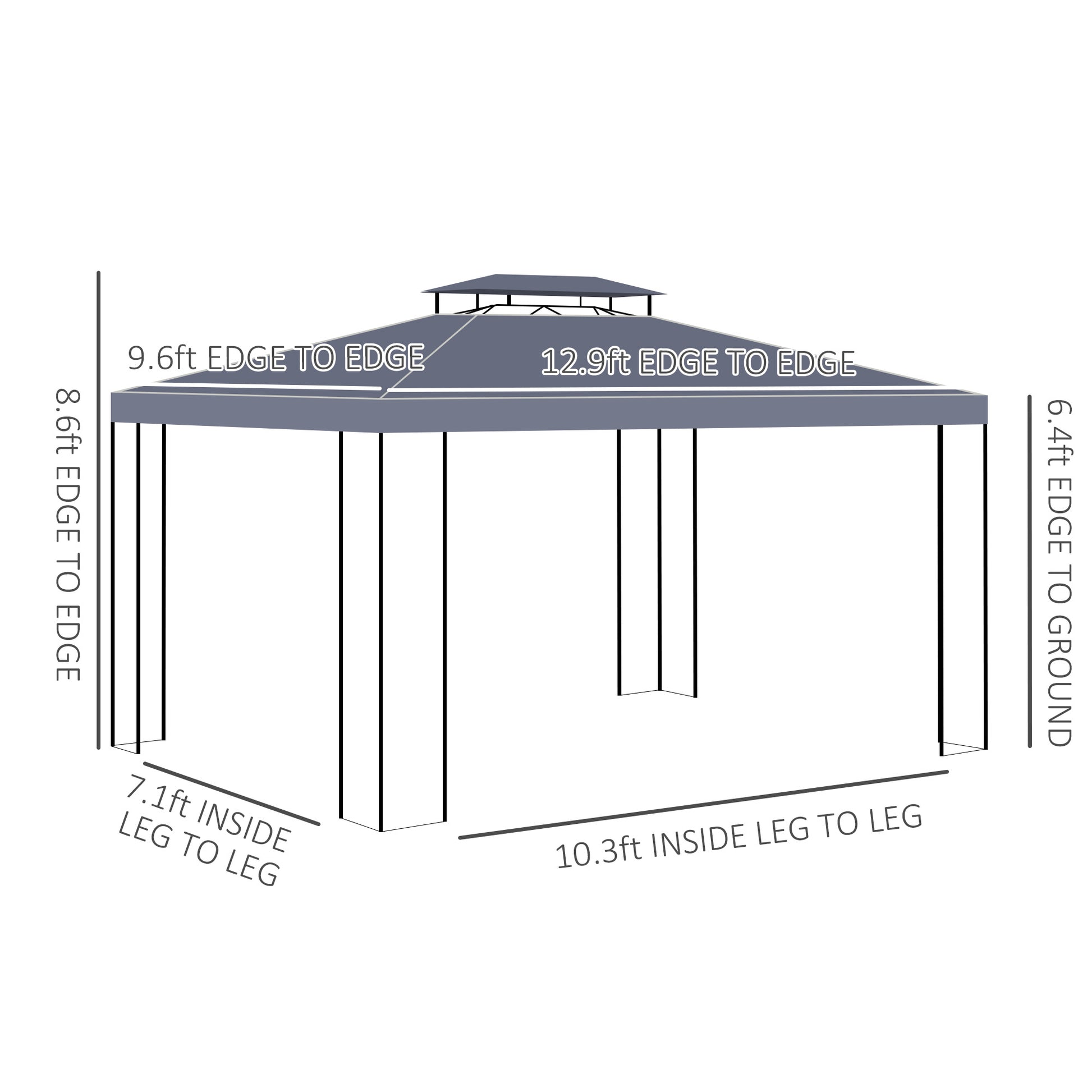 Diagram of a gray canopy tent showing dimensions ft height ft and ft edge to edge ft height to ground ft and ft leg to leg