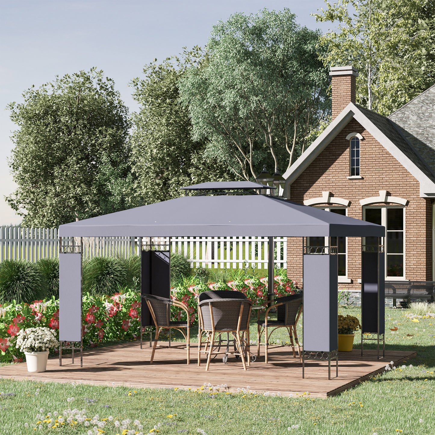 Grey outdoor gazebo with wicker dining set on wooden deck in backyard