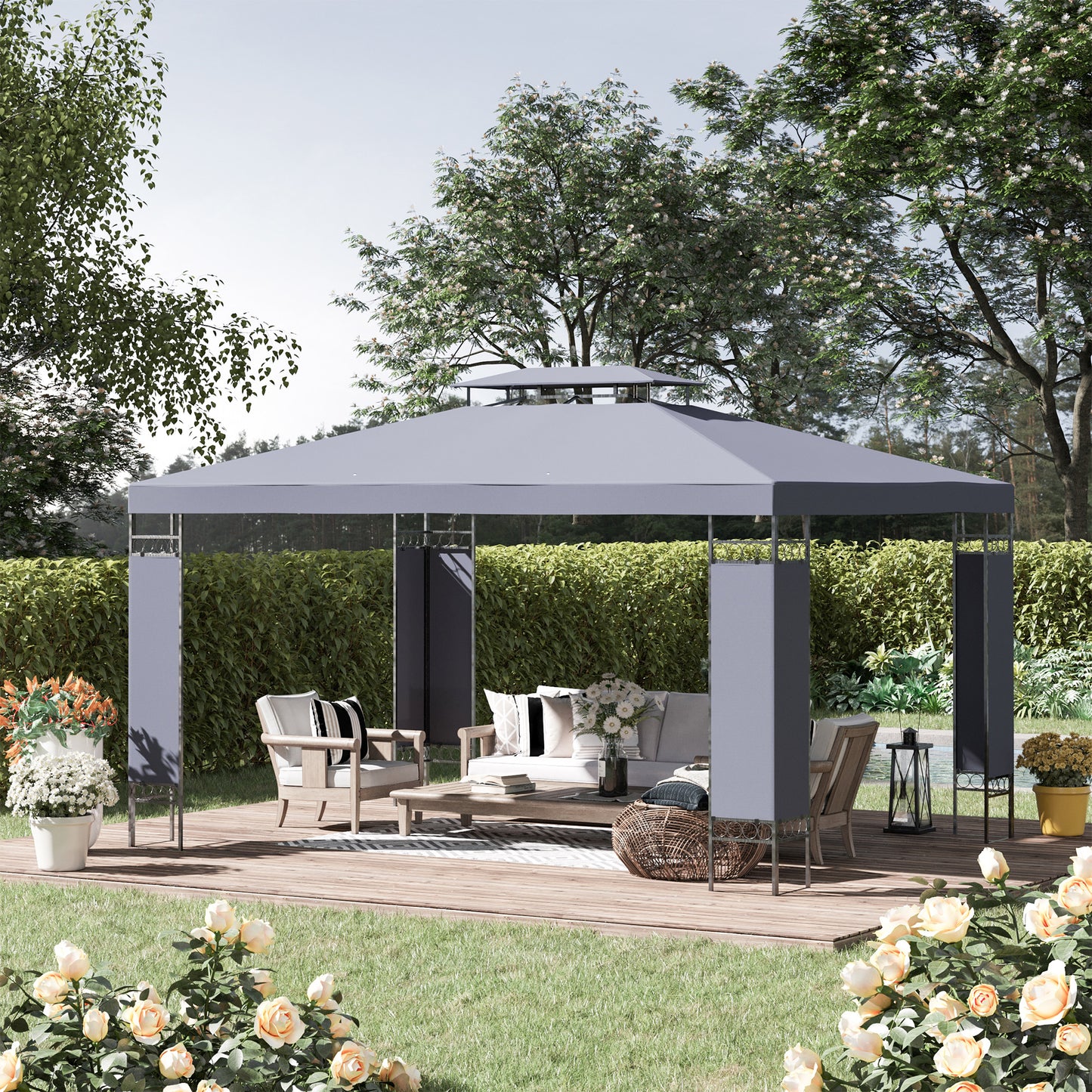 Gray backyard gazebo with seating area for outdoor relaxation