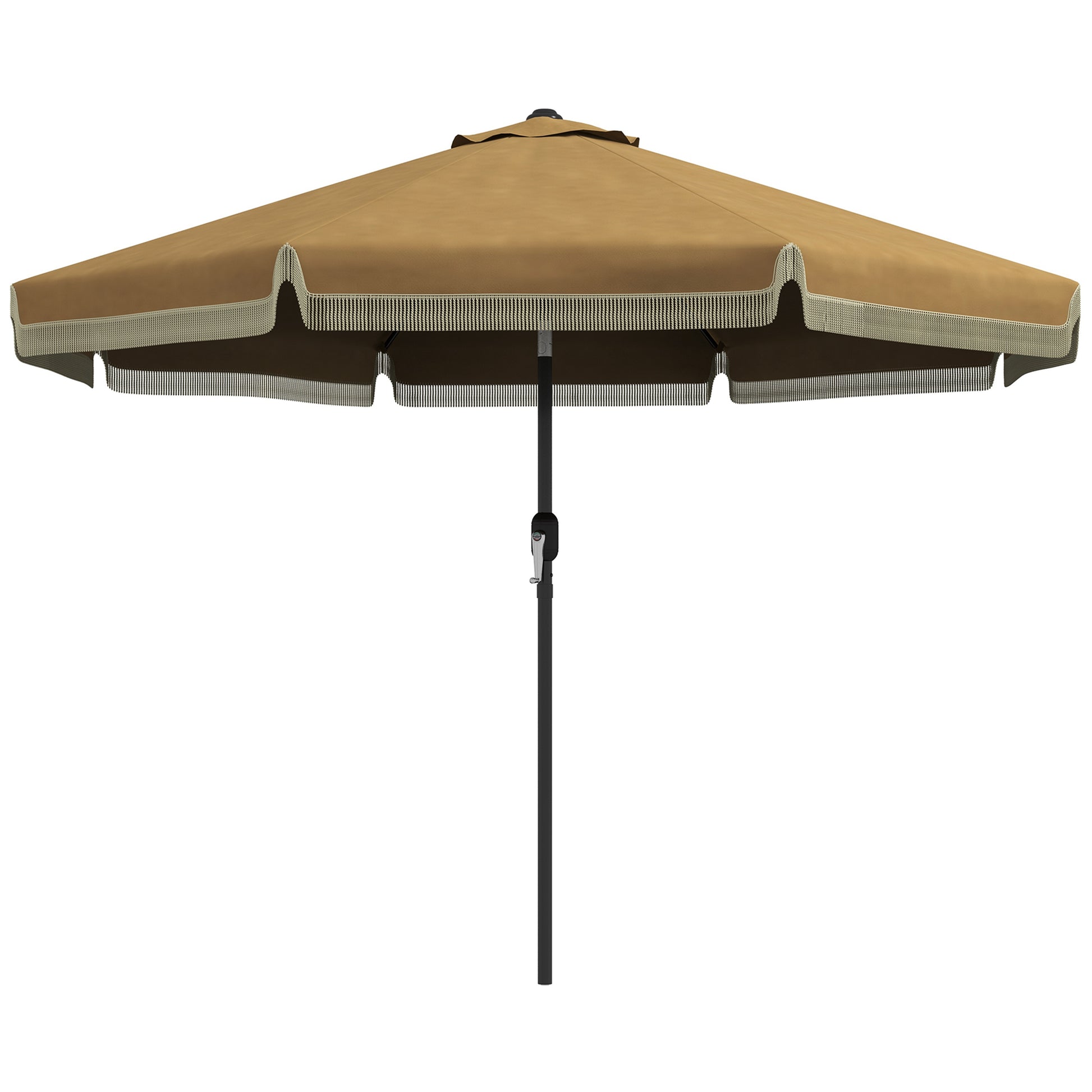 Brown patio umbrella with decorative fringe and crank mechanism