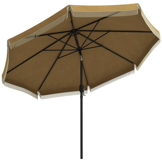 Brown patio umbrella with decorative fringe and crank mechanism