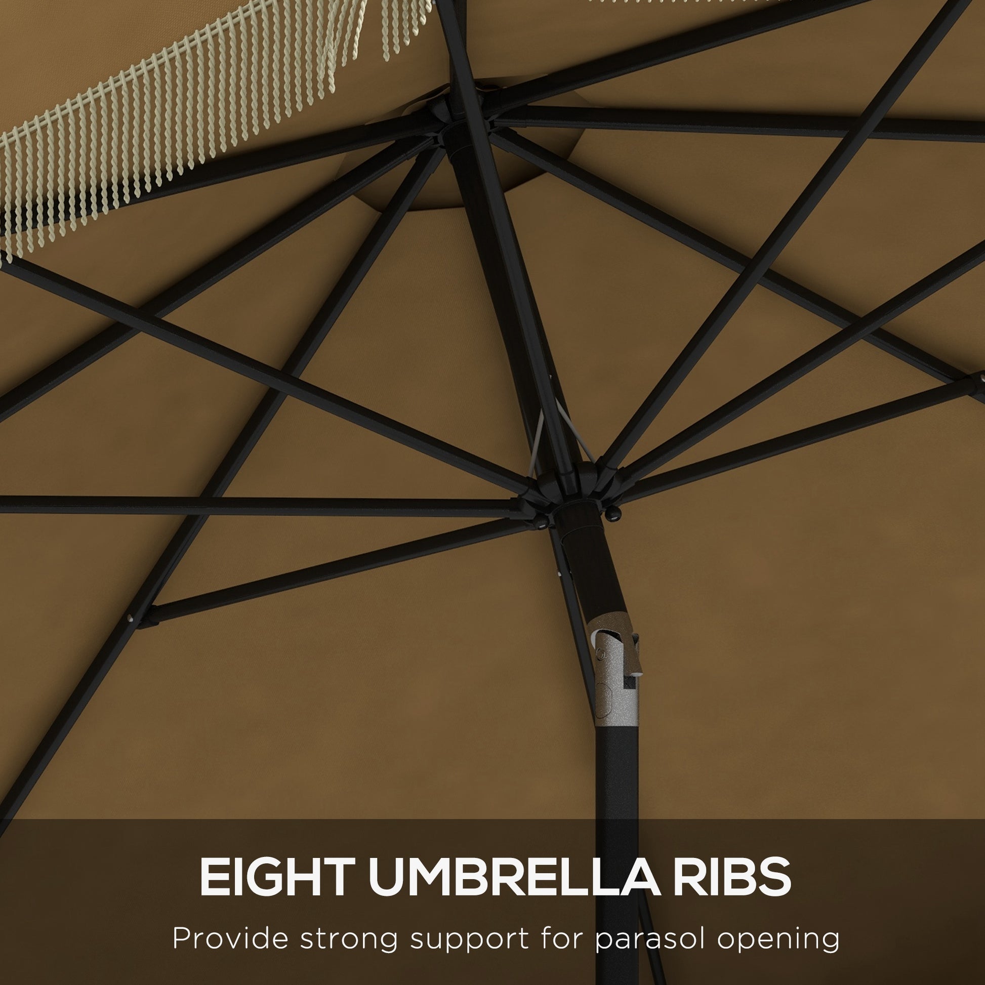 Closeup of a tan patio umbrella canopy with a fringe and black metal ribs