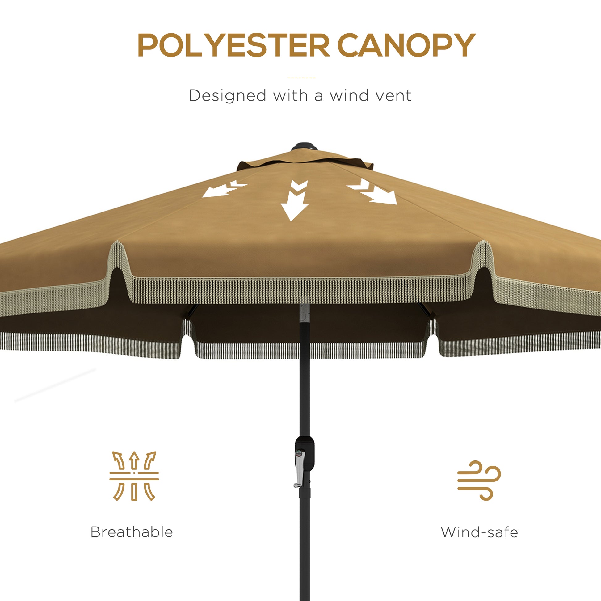 Tan polyester patio umbrella with decorative fringe and wind vent for outdoor use