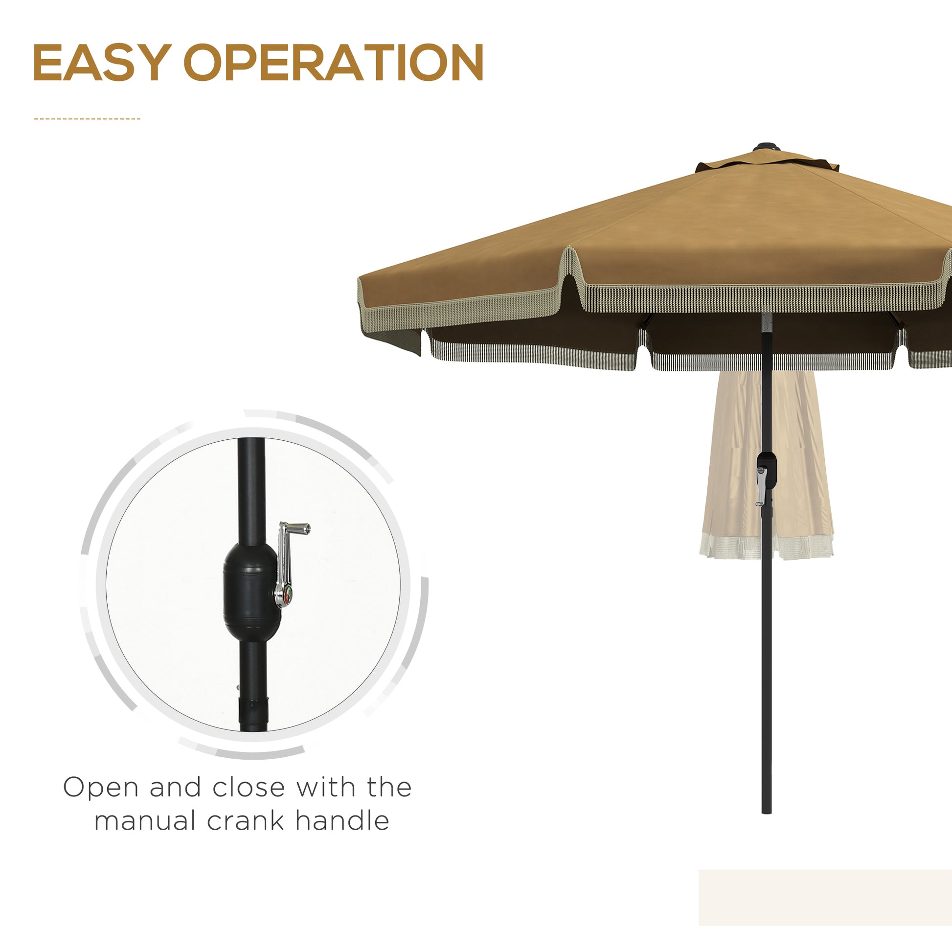 Tan patio umbrella with decorative fringe and manual crank operation