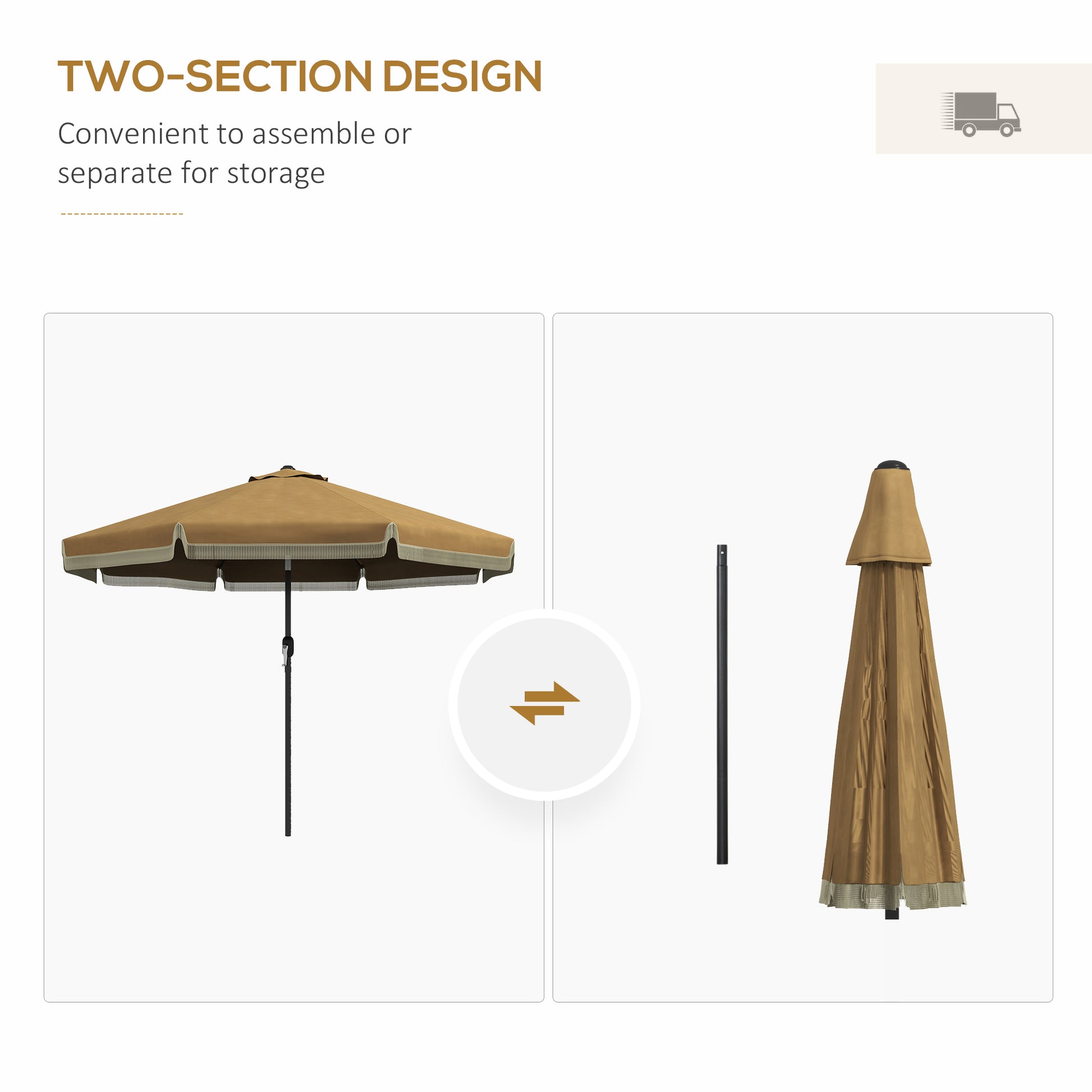 Brown patio umbrella fully open with decorative fringe and metal pole