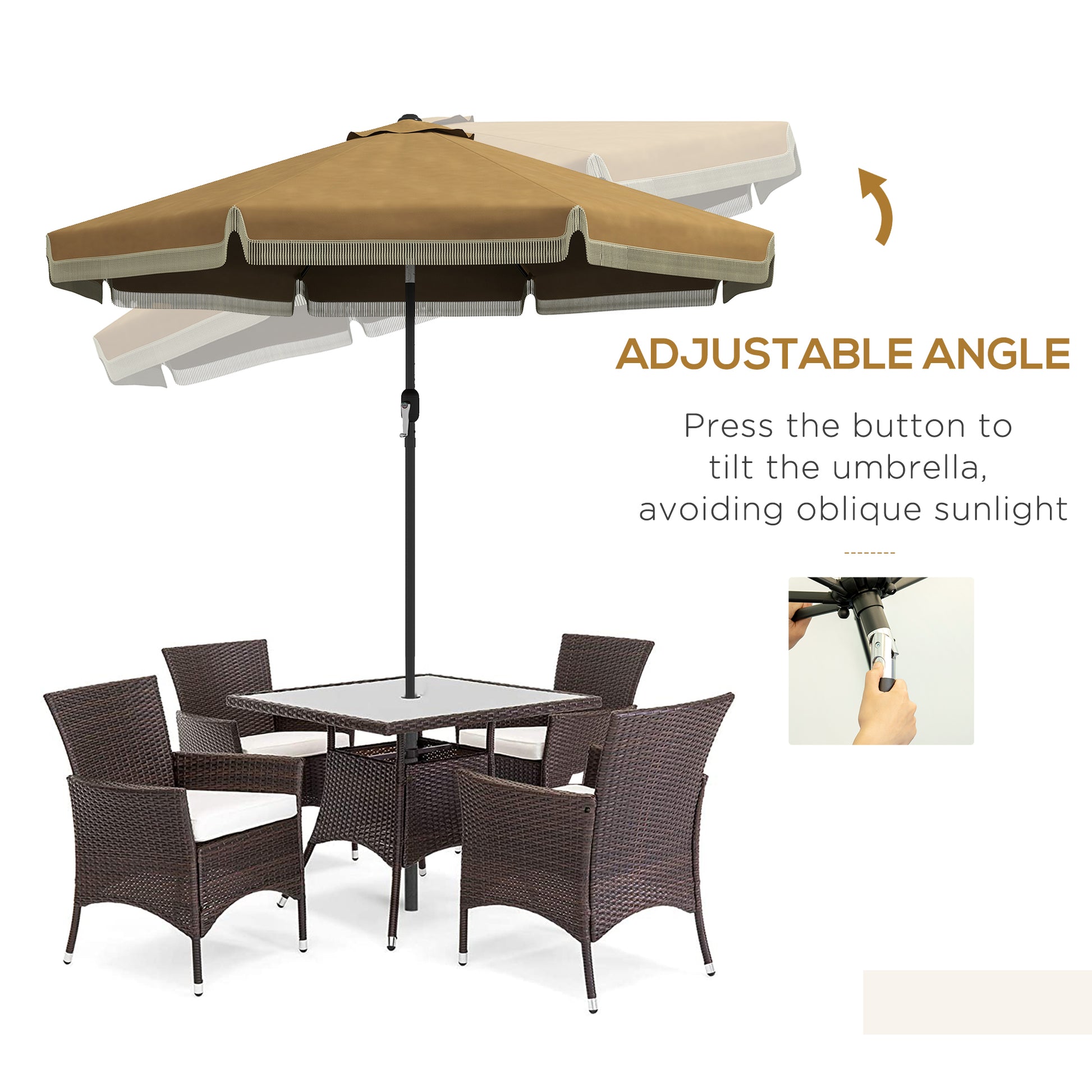 Brown patio umbrella with adjustable angle and fringe detail over wicker chairs
