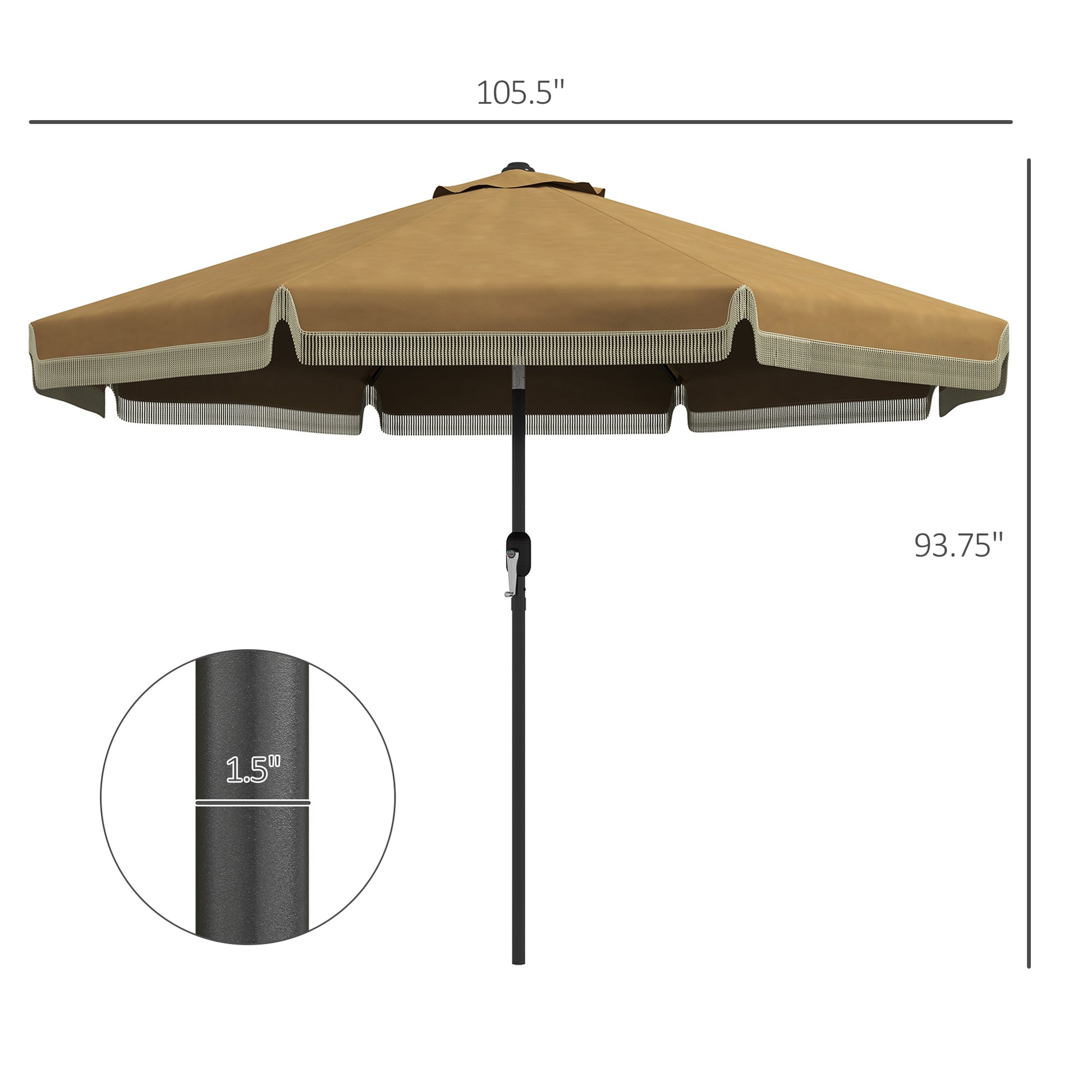 Tan patio umbrella with decorative fringe and inch pole diameter for outdoor use